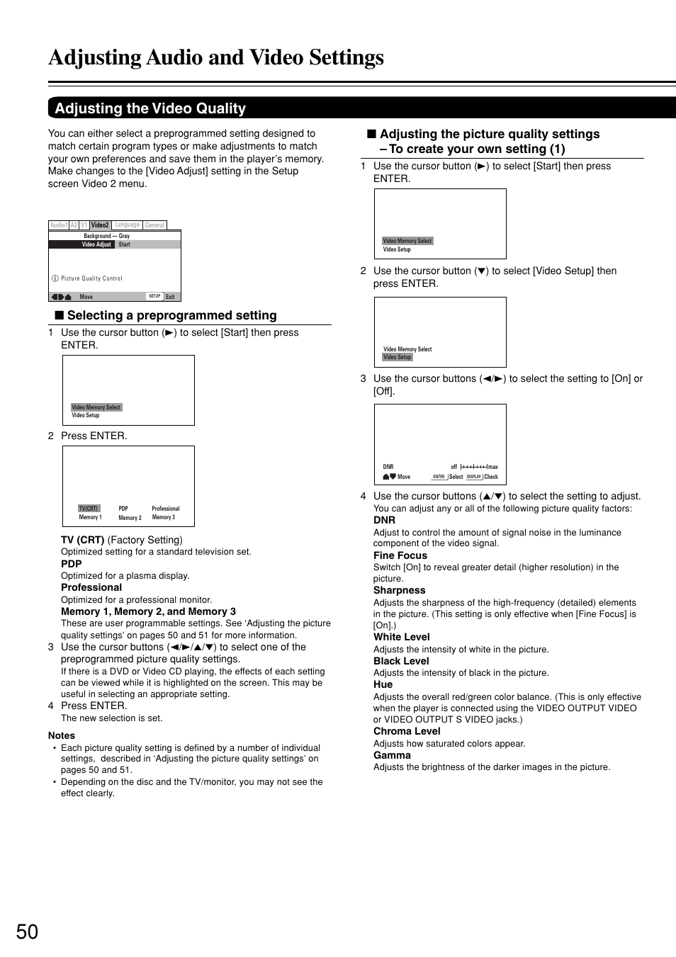 Adjusting audio and video settings, Adjusting the video quality, Selecting a preprogrammed setting | Onkyo DV-S757 User Manual | Page 50 / 64