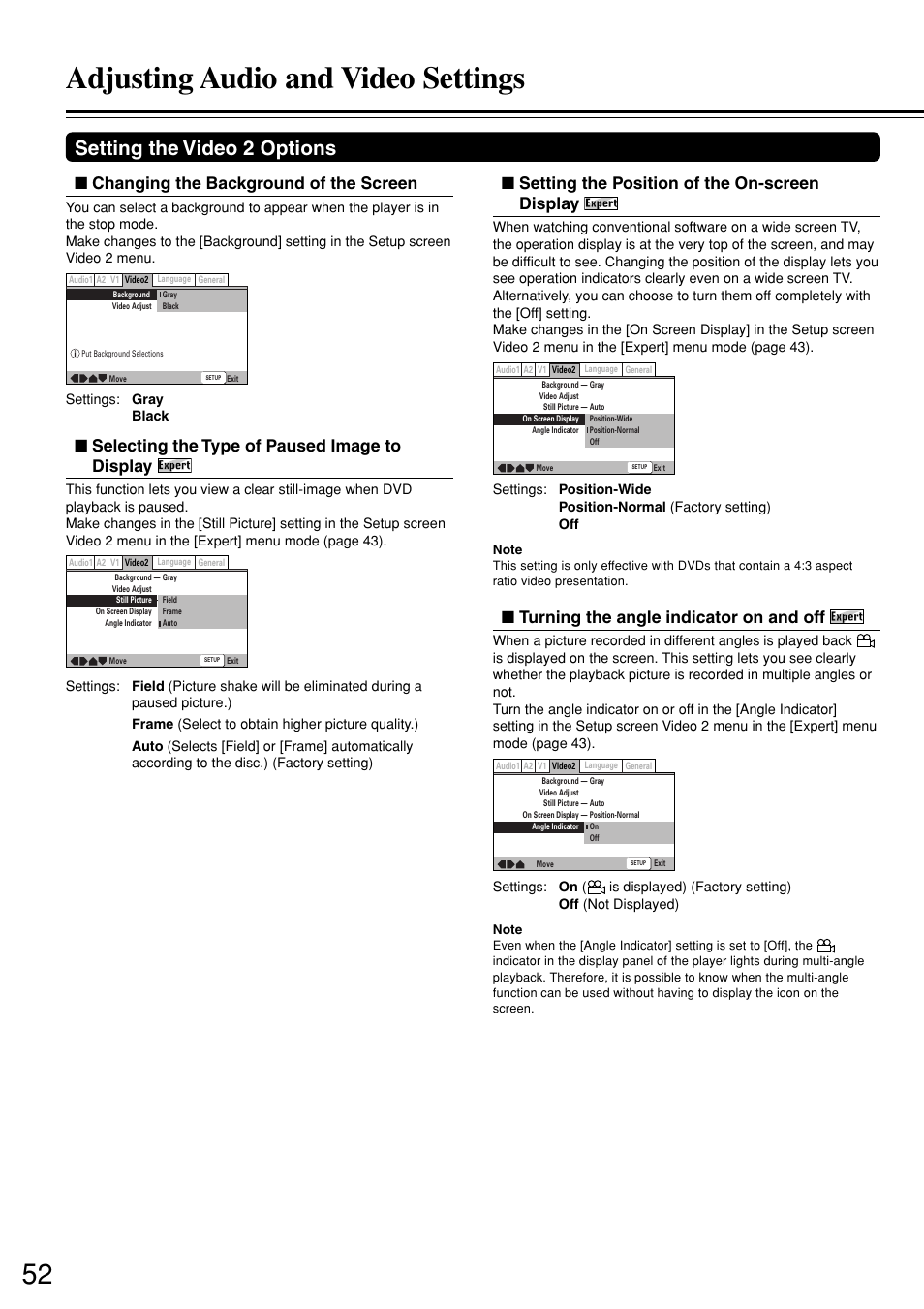 Adjusting audio and video settings, Setting the video 2 options, Changing the background of the screen | Selecting the type of paused image to display, Setting the position of the on-screen display, Turning the angle indicator on and off | Onkyo DV-S757 User Manual | Page 52 / 64