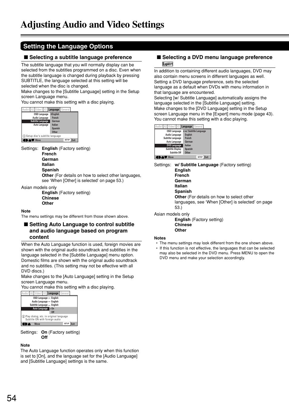 Adjusting audio and video settings, Setting the language options, Selecting a subtitle language preference | Selecting a dvd menu language preference | Onkyo DV-S757 User Manual | Page 54 / 64