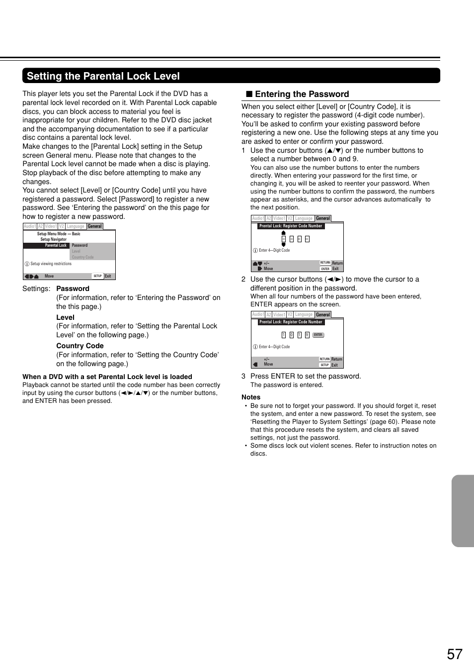 Setting the parental lock level, Entering the password | Onkyo DV-S757 User Manual | Page 57 / 64