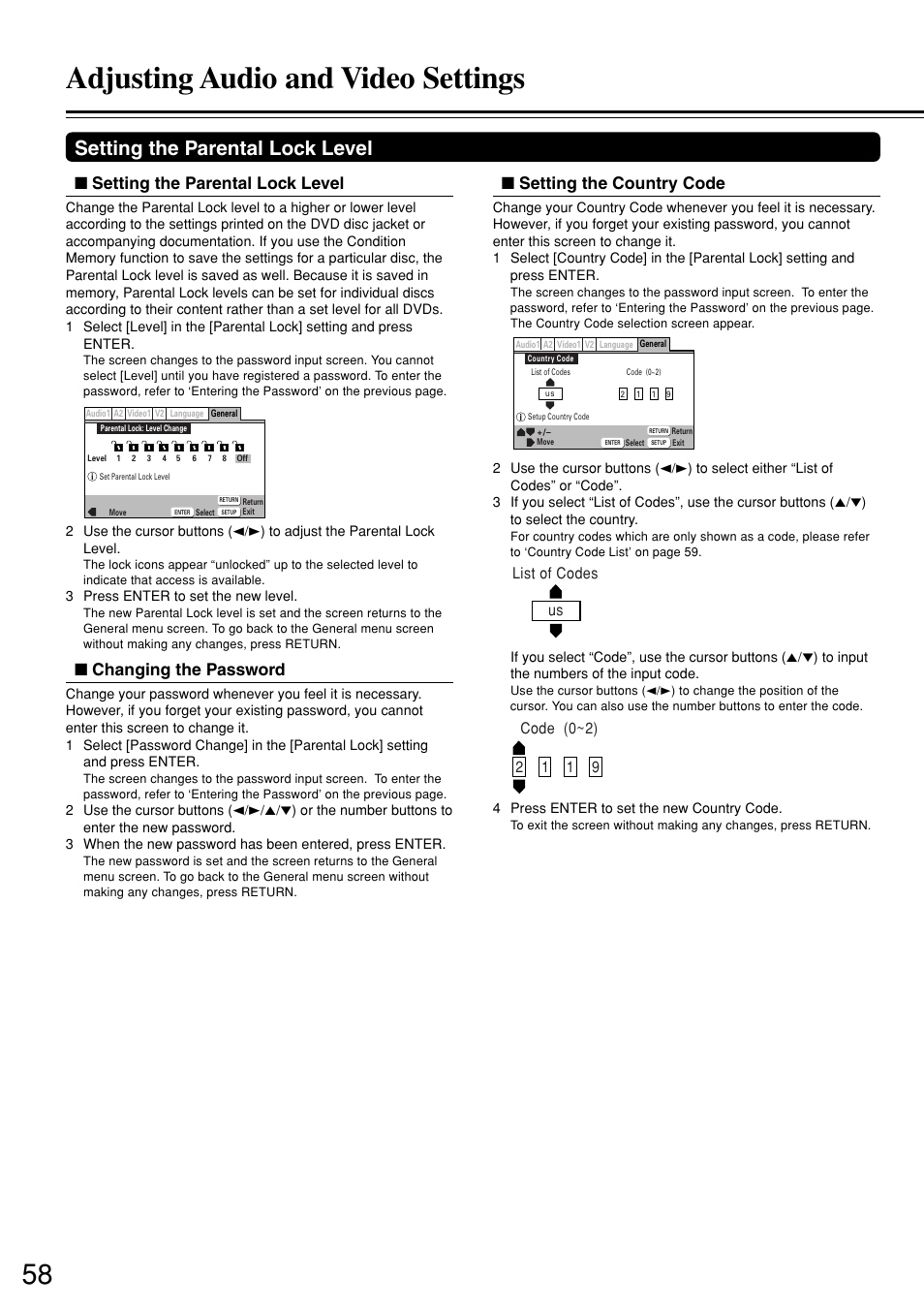 Adjusting audio and video settings, Setting the parental lock level, Changing the password | Setting the country code | Onkyo DV-S757 User Manual | Page 58 / 64