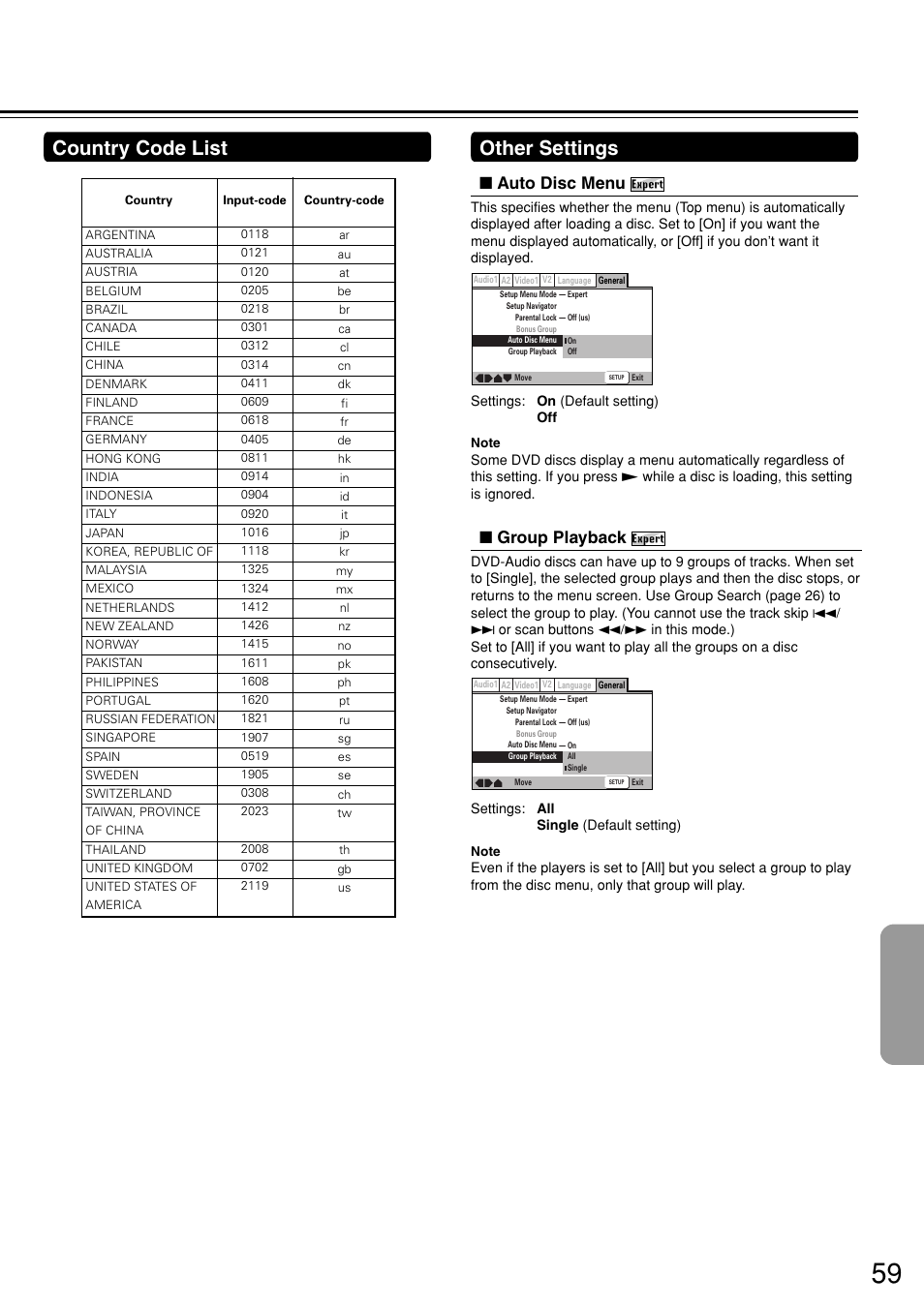 Country code list, Other settings, Auto disc menu | Group playback | Onkyo DV-S757 User Manual | Page 59 / 64