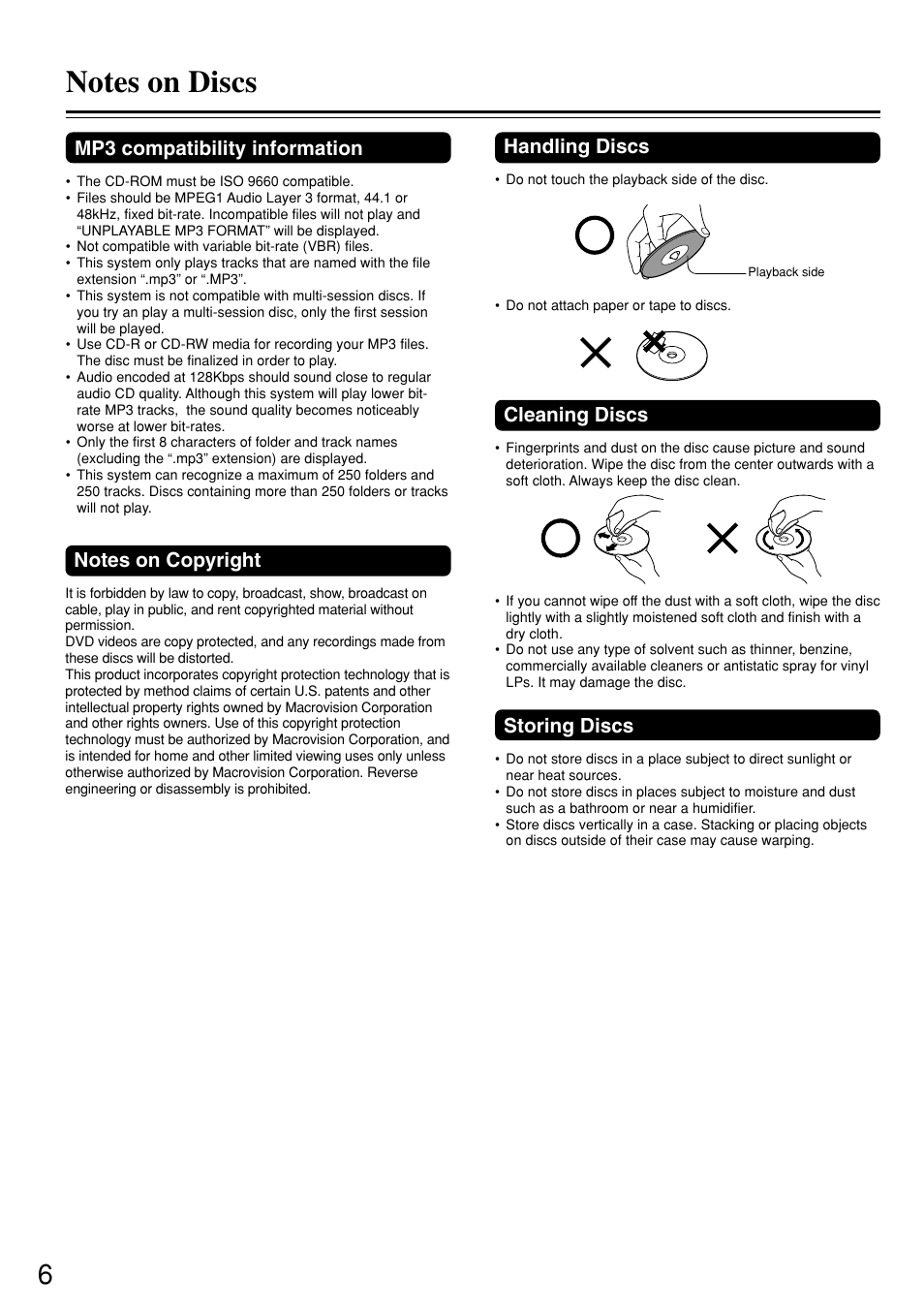 Cleaning discs, Storing discs, Handling discs | Mp3 compatibility information | Onkyo DV-S757 User Manual | Page 6 / 64