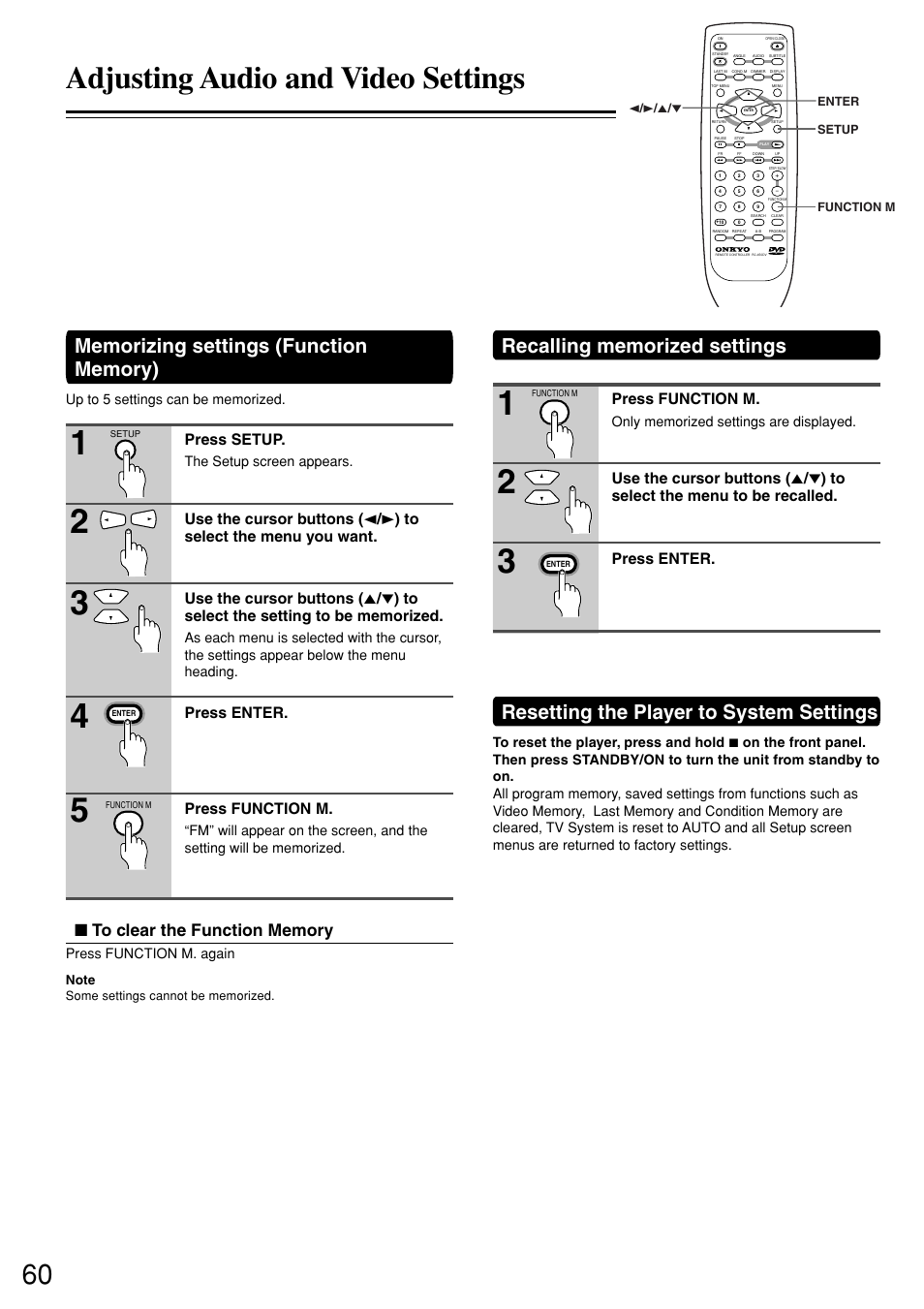 Adjusting audio and video settings, Resetting the player to system settings, Press setup | Press enter. press function m, Press function m | Onkyo DV-S757 User Manual | Page 60 / 64