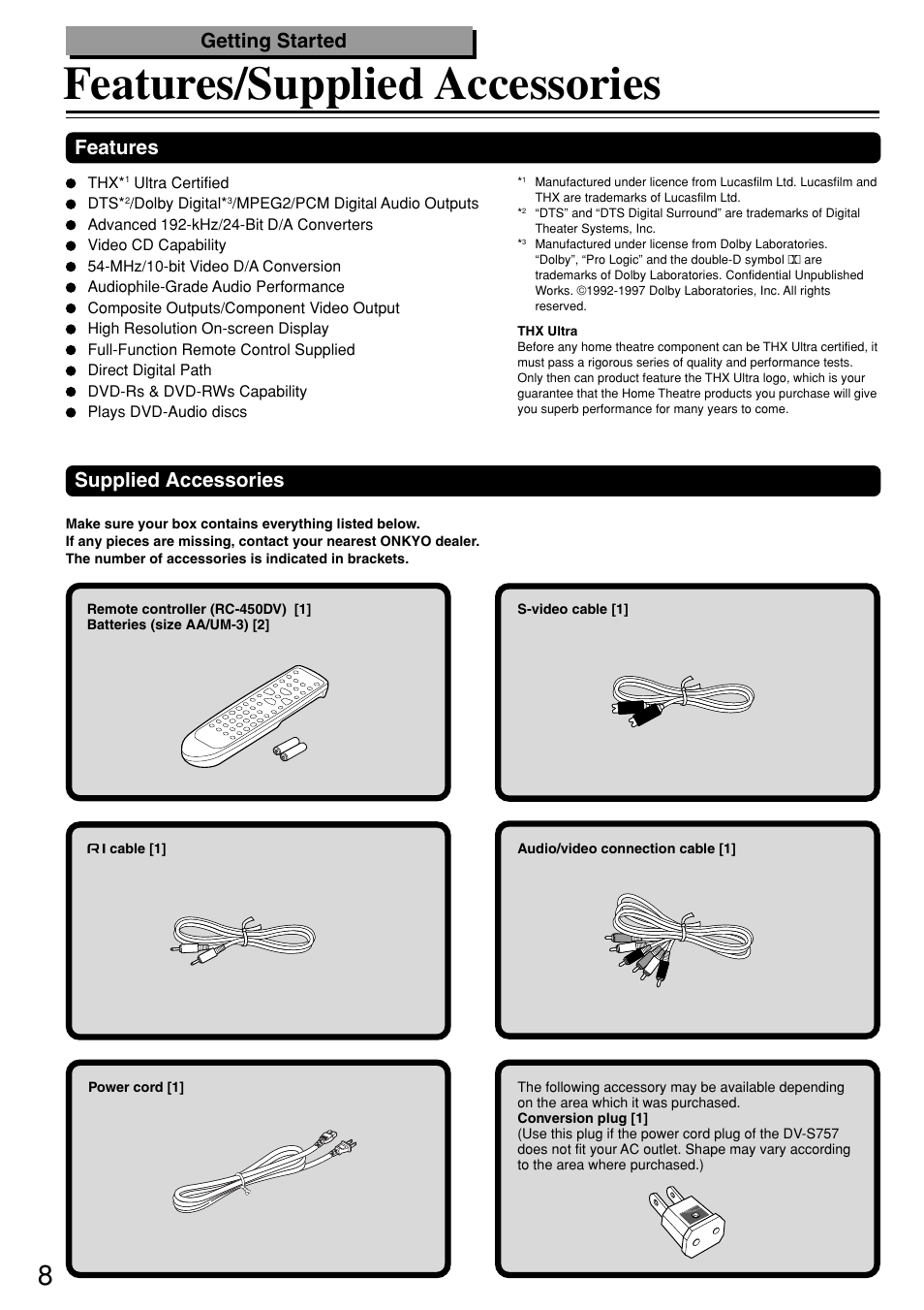 Features/supplied accessories, Getting started, Supplied accessories | Features | Onkyo DV-S757 User Manual | Page 8 / 64