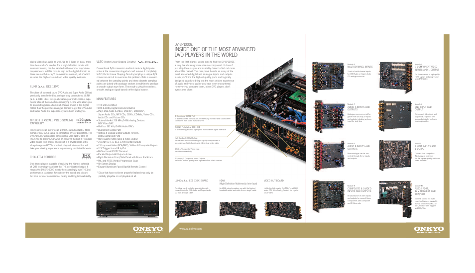 Dv-sp1000e, I.link (a.k.a. ieee 1394), Oplus flexscale video scaling capability | Thx-ultra certified, Vlsc, Main features | Onkyo TX-NR5000E User Manual | Page 20 / 28