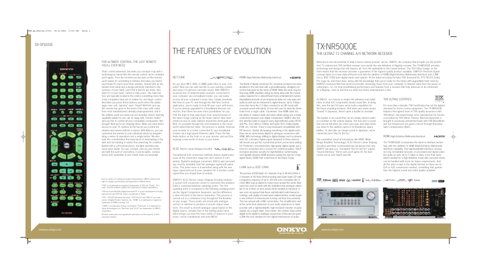 The features of evolution, Tx-nr5000e, Thx ultra2 7.1 channel a/v network receiver | Dv-sp1000e | Onkyo TX-NR5000E User Manual | Page 26 / 28