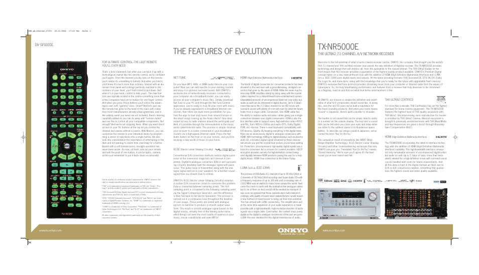 The features of evolution, Tx-nr5000e, Thx ultra2 7.1 channel a/v network receiver | Dv-sp1000e | Onkyo TX-NR5000E User Manual | Page 3 / 28