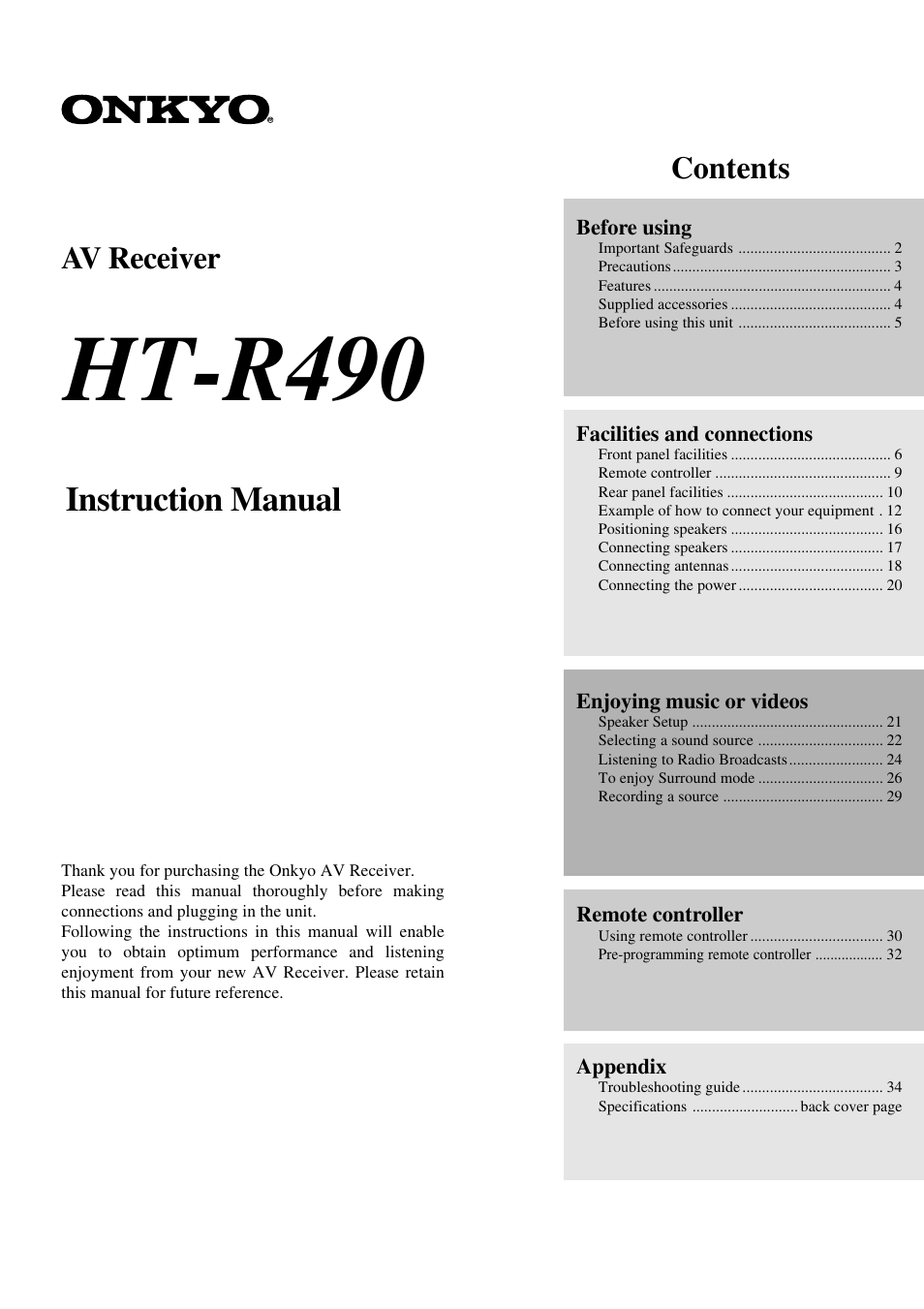 Onkyo HT-R490 User Manual | 36 pages