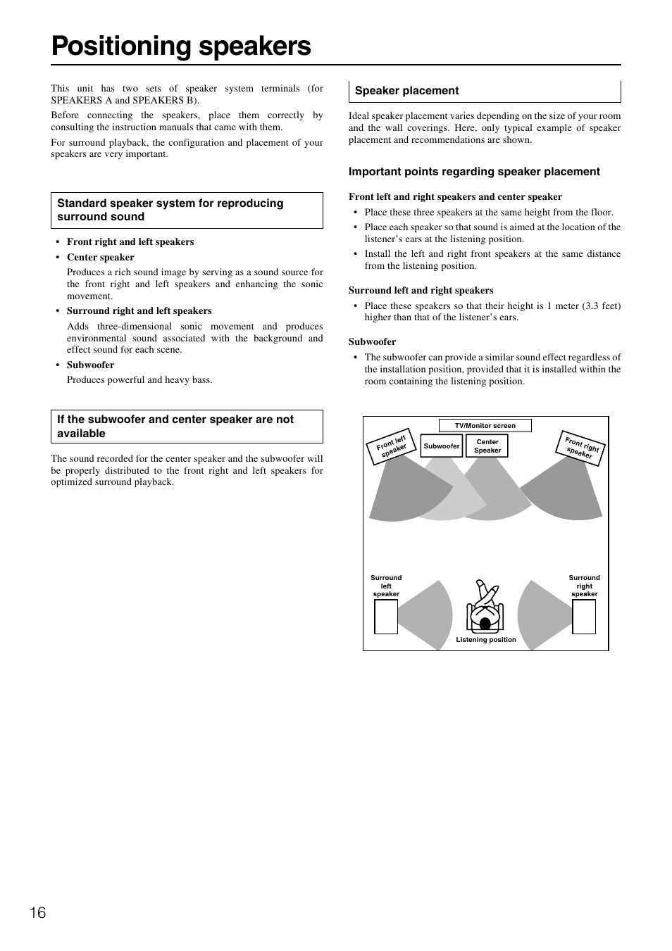 Positioning speakers | Onkyo HT-R490 User Manual | Page 16 / 36