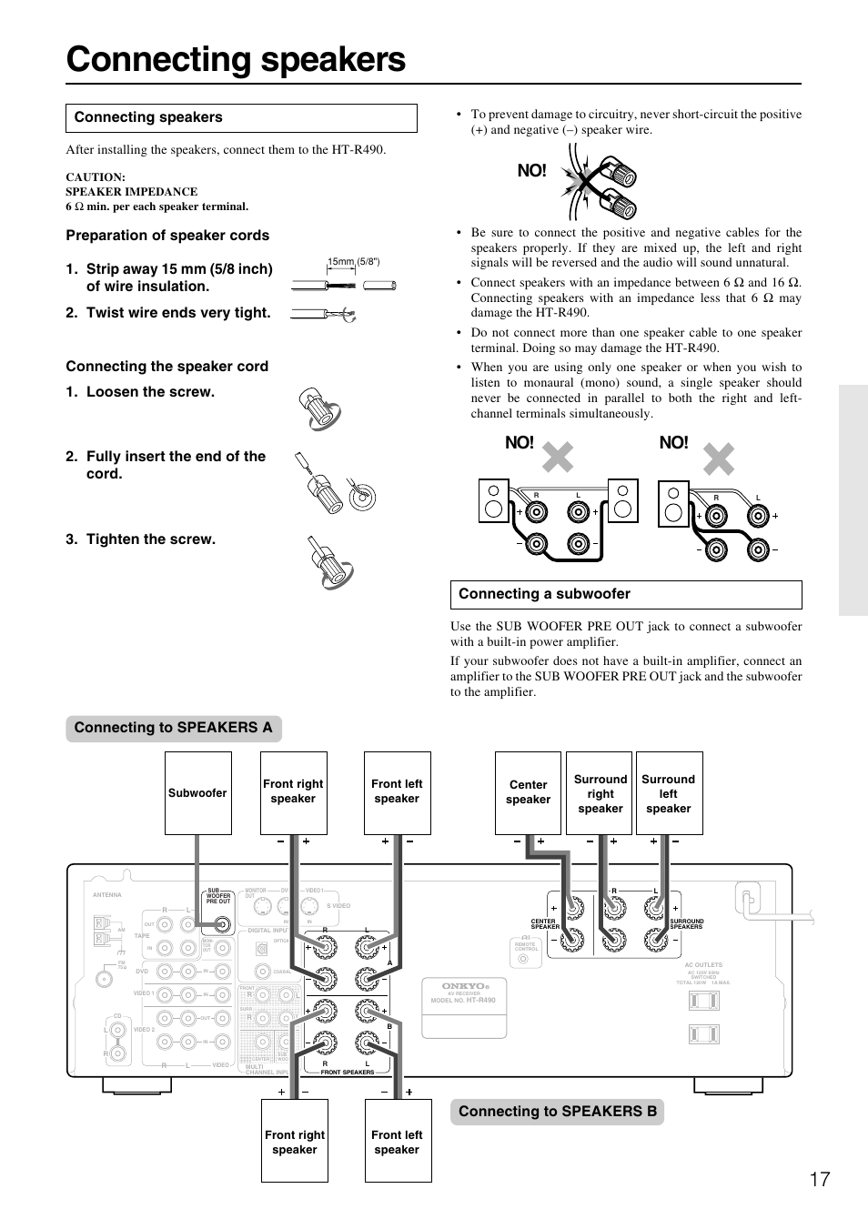 Connecting speakers, Connecting a subwoofer, Connecting to speakers a connecting to speakers b | Onkyo HT-R490 User Manual | Page 17 / 36