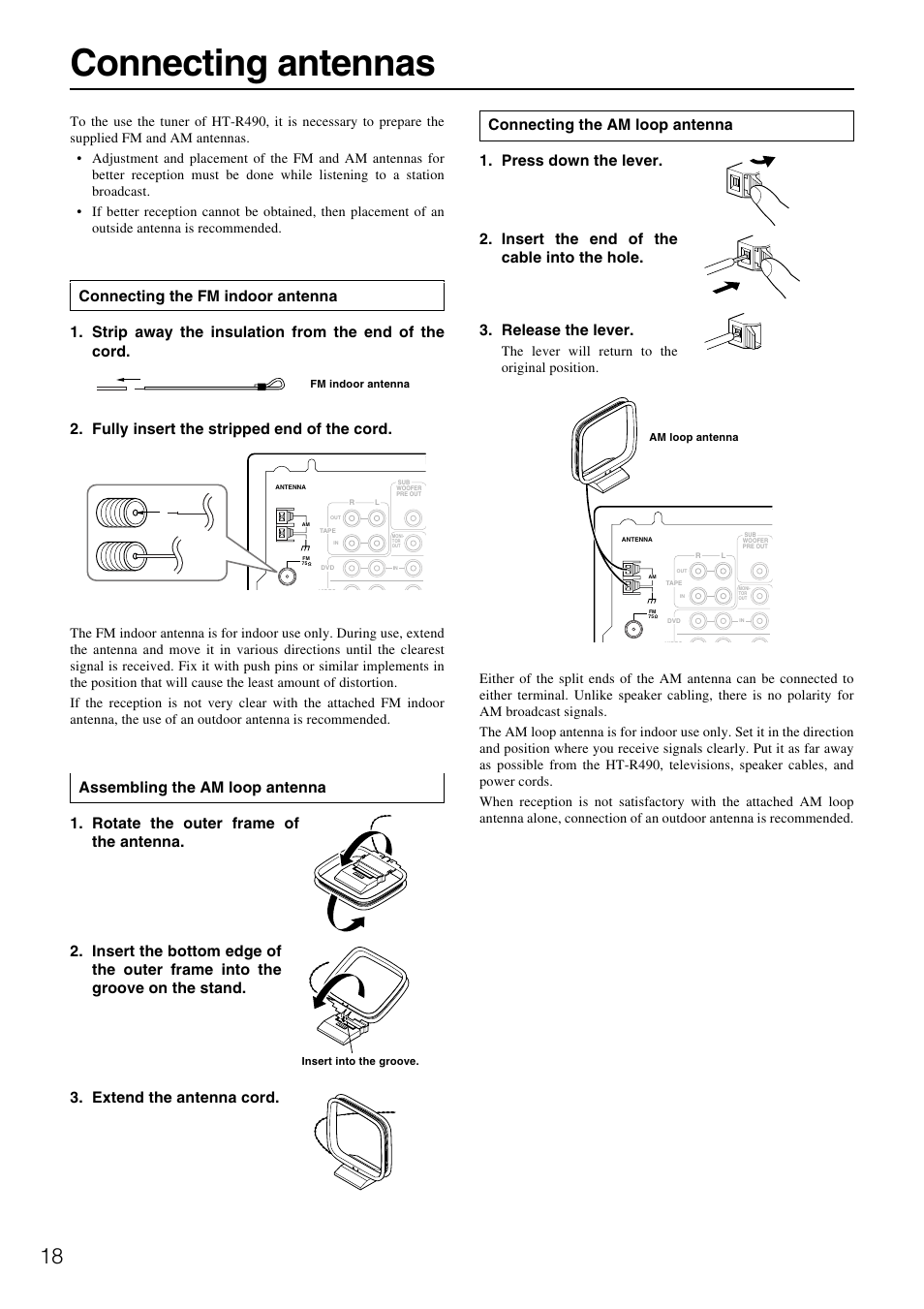 Connecting antennas | Onkyo HT-R490 User Manual | Page 18 / 36