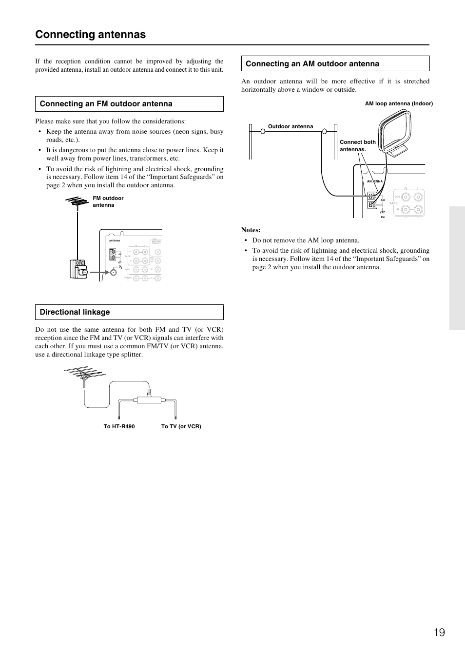 19 connecting antennas, Connecting an fm outdoor antenna, Connecting an am outdoor antenna | Directional linkage | Onkyo HT-R490 User Manual | Page 19 / 36