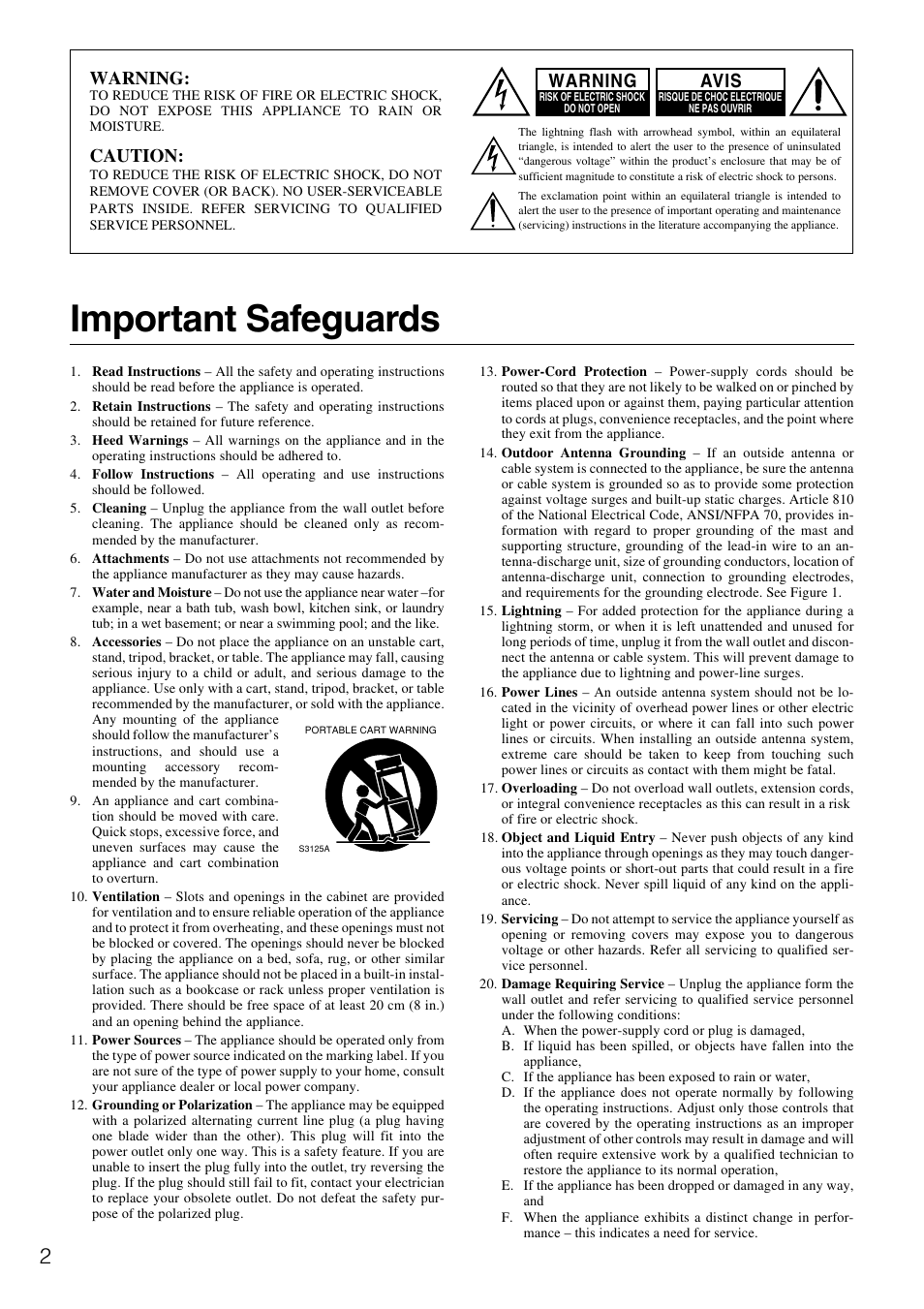 Important safeguards, Warning, Caution | Avis | Onkyo HT-R490 User Manual | Page 2 / 36