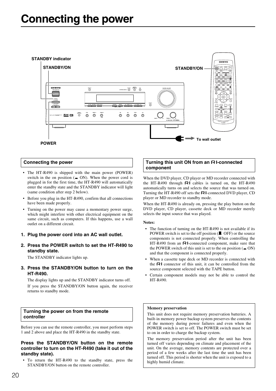 Connecting the power, Press the standby/on button to turn on the ht-r490, Turning the power on from the remote controller | The standby indicator lights up, Power standby/on standby/on | Onkyo HT-R490 User Manual | Page 20 / 36