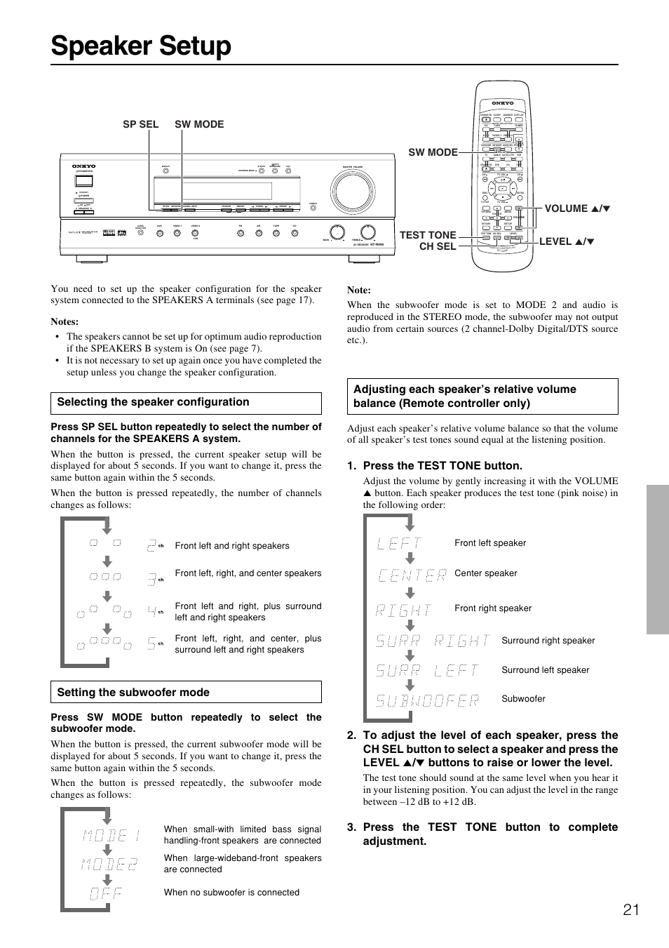 Speaker setup, Selecting the speaker configuration, Setting the subwoofer mode | Press the test tone button, Press the test tone button to complete adjustment | Onkyo HT-R490 User Manual | Page 21 / 36