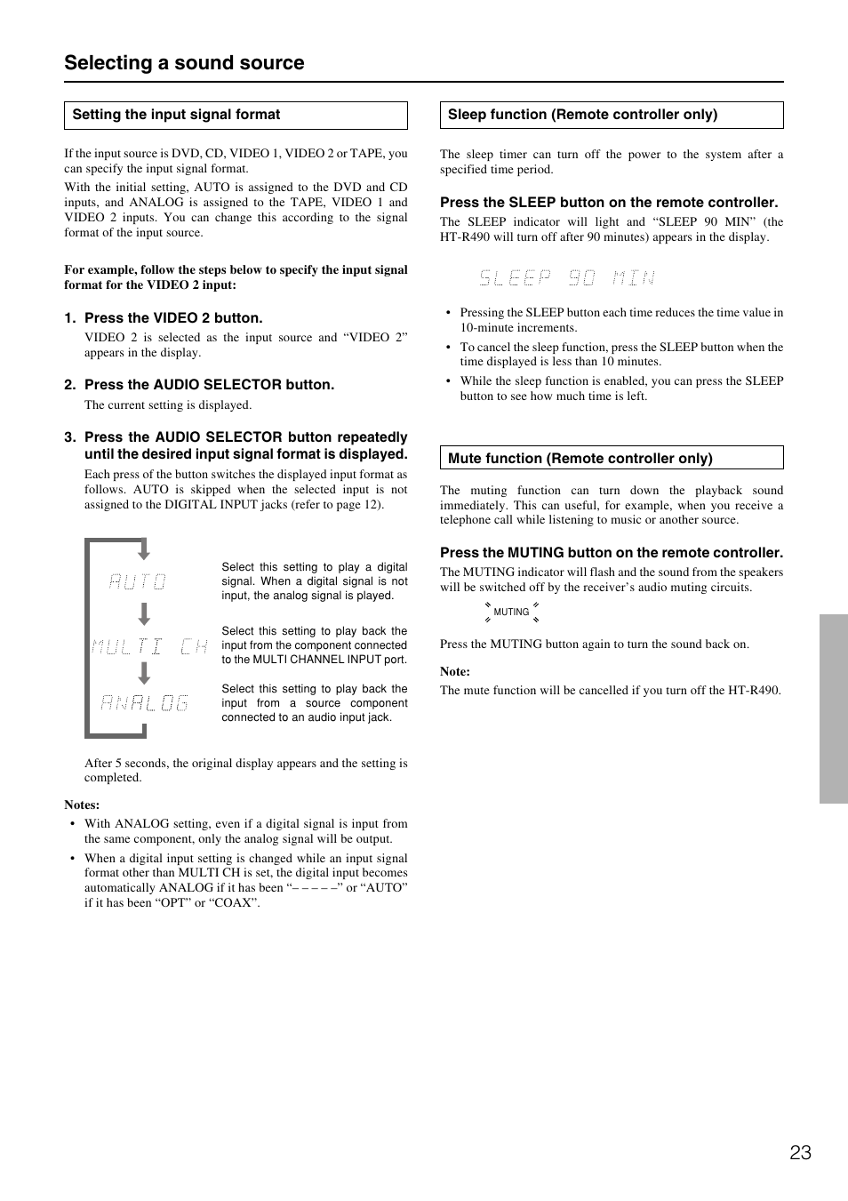 23 selecting a sound source | Onkyo HT-R490 User Manual | Page 23 / 36