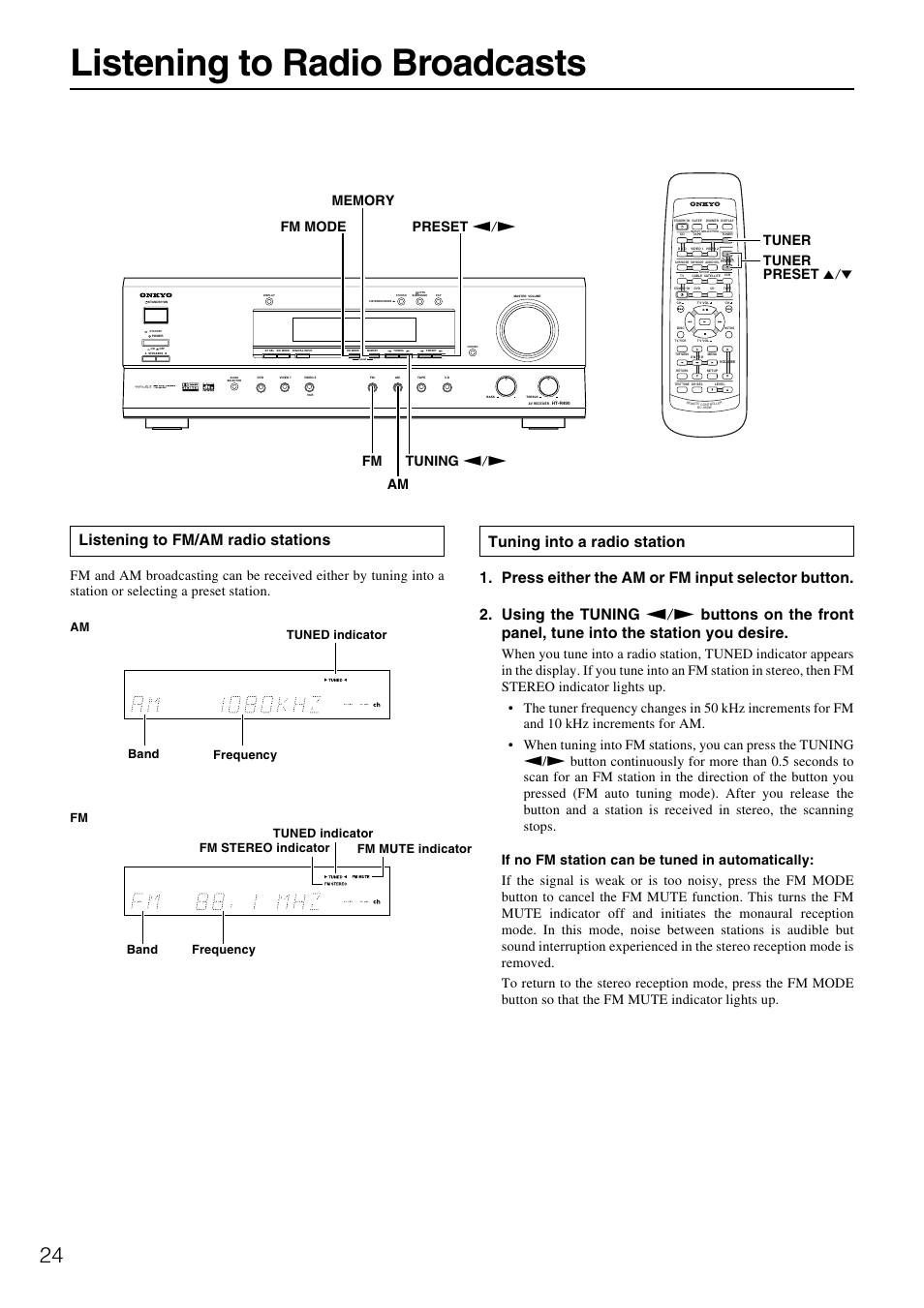Listening to radio broadcasts, Listening to fm/am radio stations, Am fm tuning a/s | Onkyo HT-R490 User Manual | Page 24 / 36