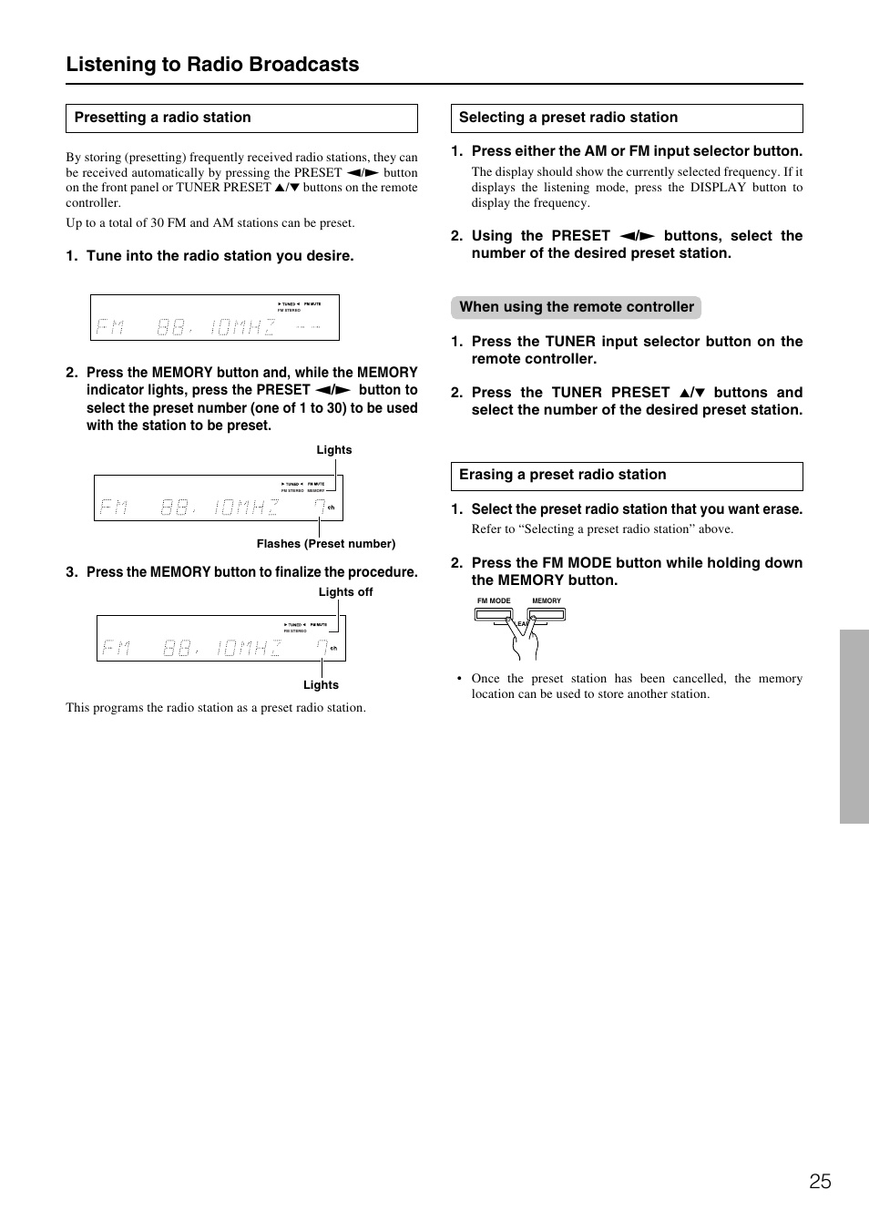 Listening to radio broadcasts | Onkyo HT-R490 User Manual | Page 25 / 36