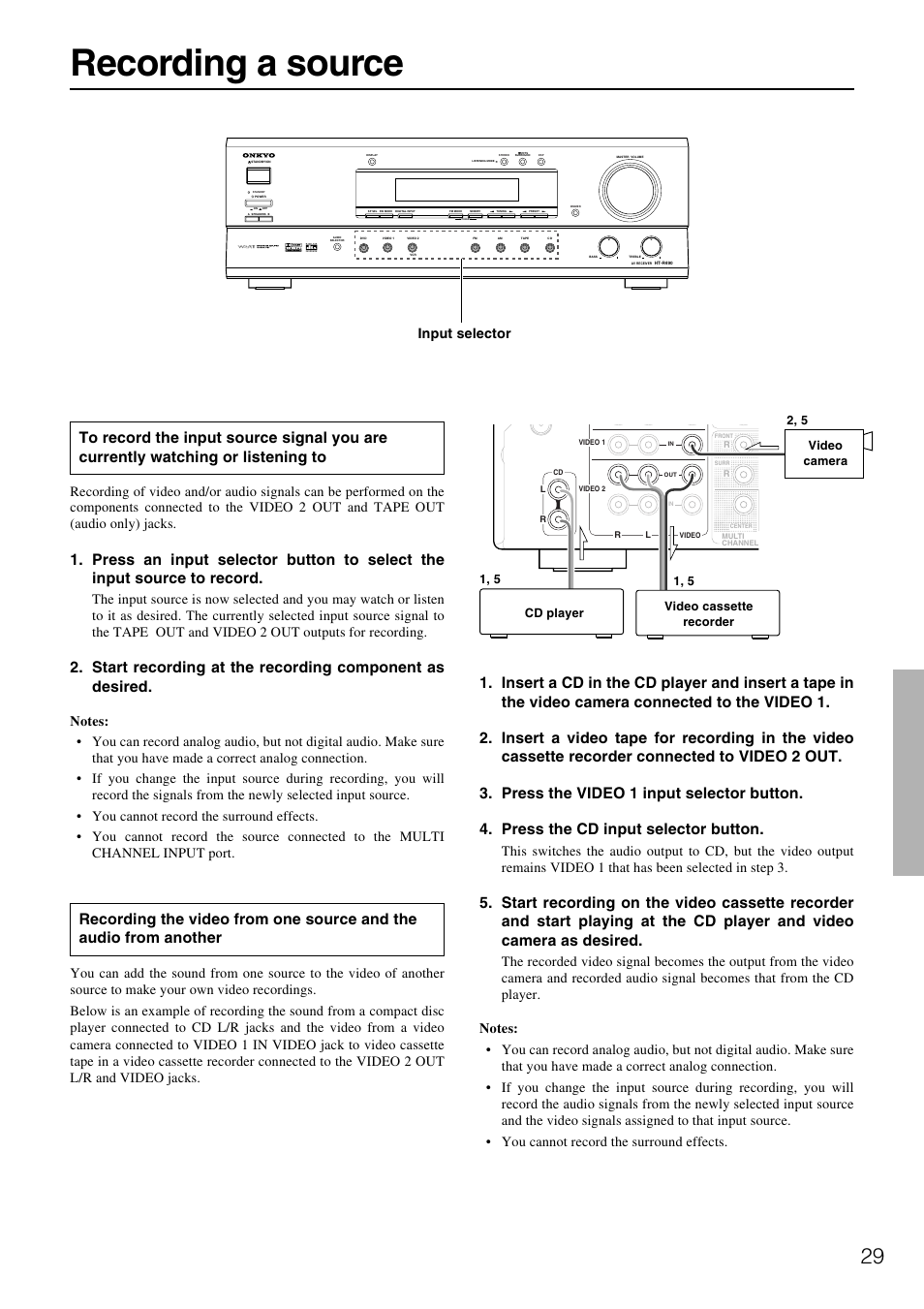 Recording a source, Input selector | Onkyo HT-R490 User Manual | Page 29 / 36