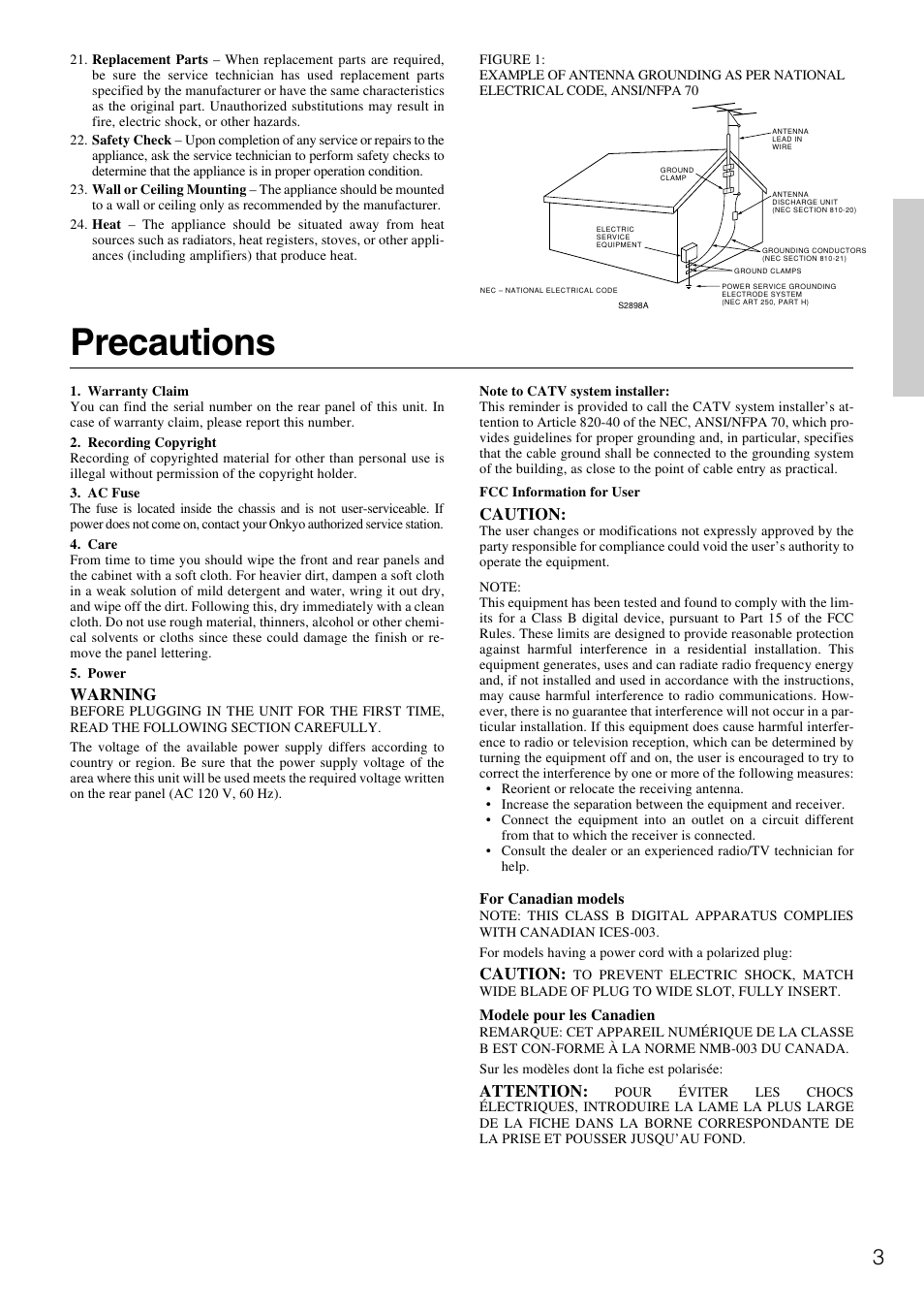 Precautions | Onkyo HT-R490 User Manual | Page 3 / 36