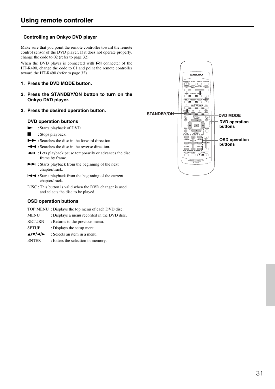 31 using remote controller, Controlling an onkyo dvd player, Osd operation buttons | Dvd mode standby/on, Dvd operation buttons osd operation buttons | Onkyo HT-R490 User Manual | Page 31 / 36