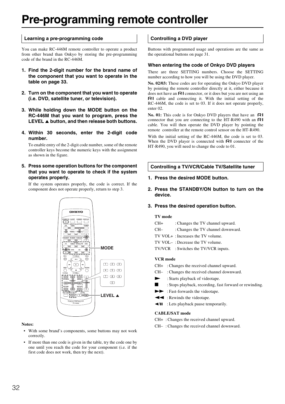 Pre-programming remote controller, Learning a pre-programming code, Controlling a dvd player | When entering the code of onkyo dvd players | Onkyo HT-R490 User Manual | Page 32 / 36