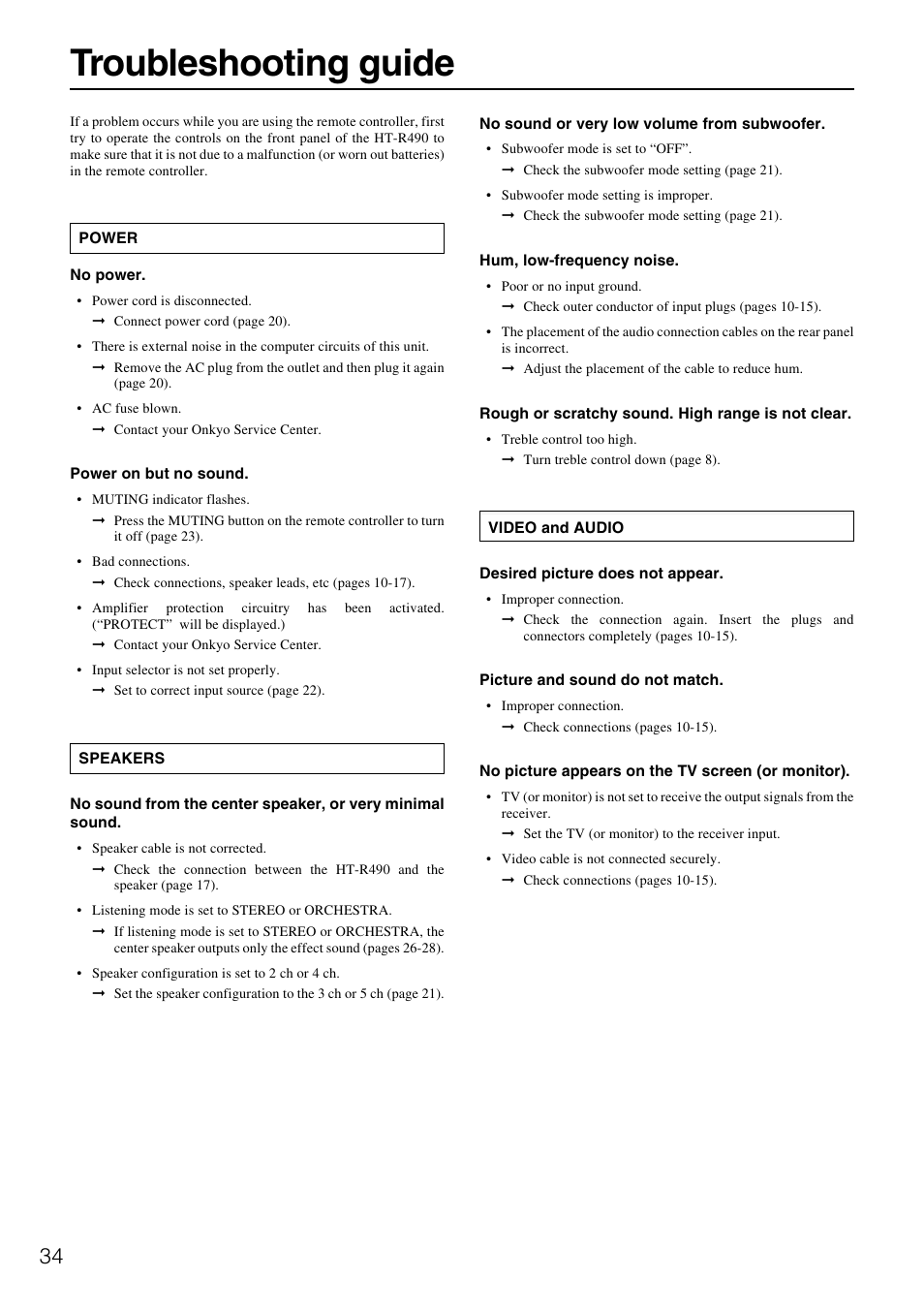 Troubleshooting guide | Onkyo HT-R490 User Manual | Page 34 / 36