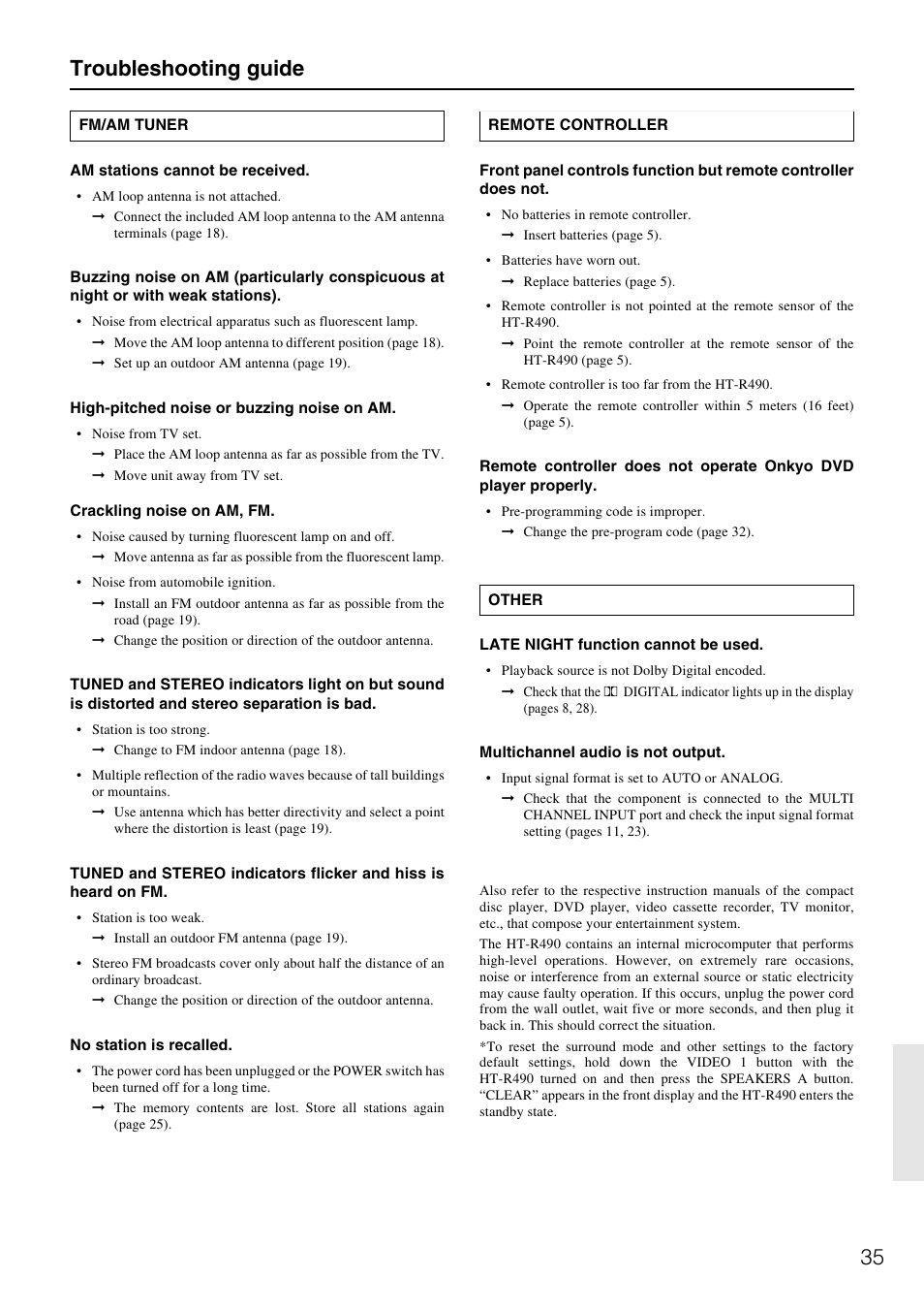 35 troubleshooting guide | Onkyo HT-R490 User Manual | Page 35 / 36