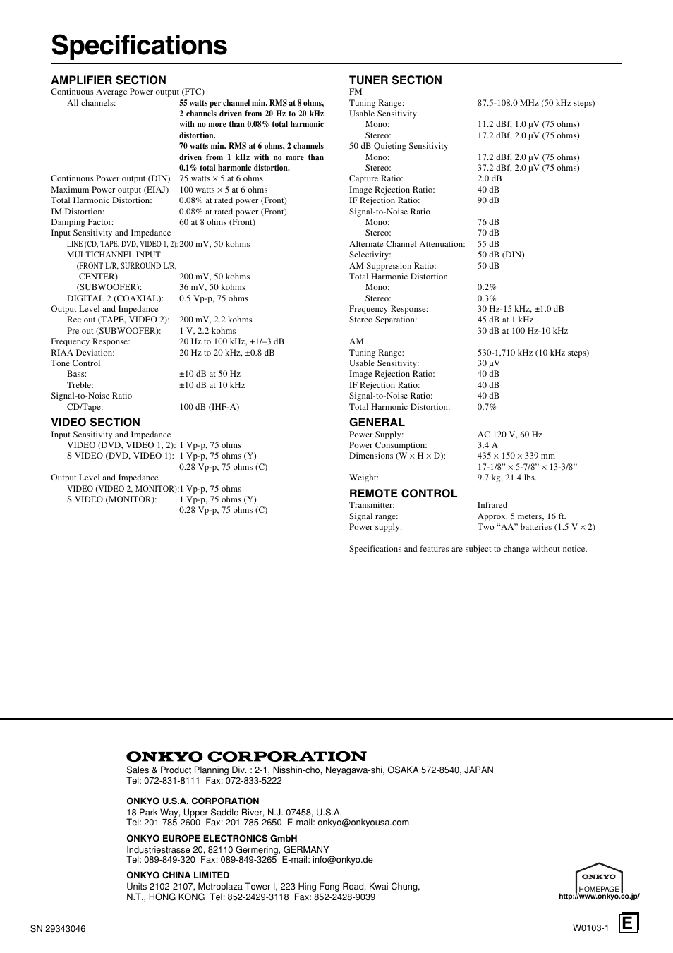 Specifications, General, Remote control | Onkyo HT-R490 User Manual | Page 36 / 36