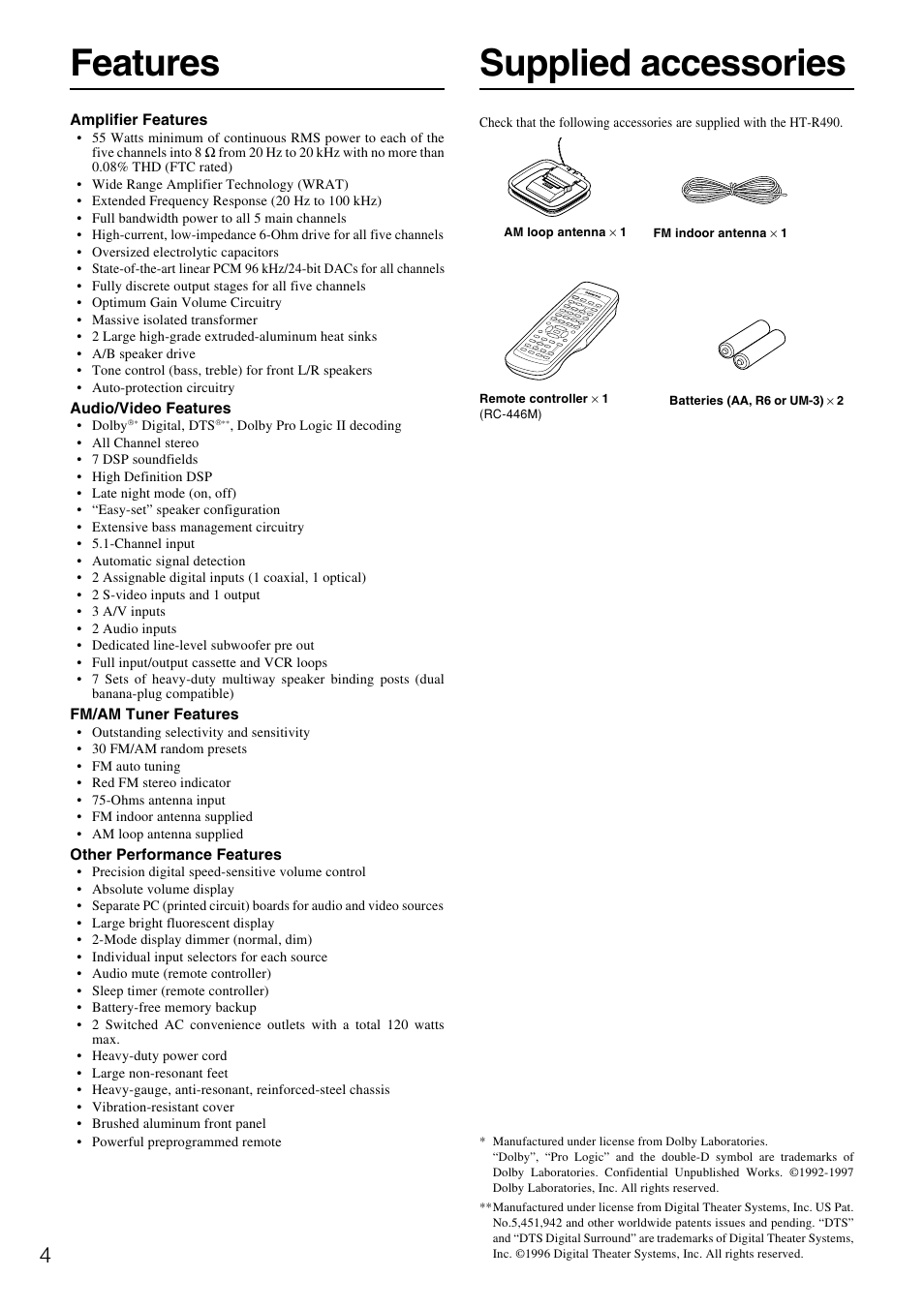 Features, Supplied accessories | Onkyo HT-R490 User Manual | Page 4 / 36