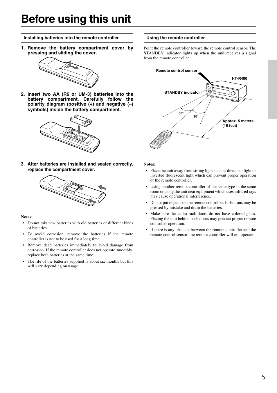 Before using this unit | Onkyo HT-R490 User Manual | Page 5 / 36