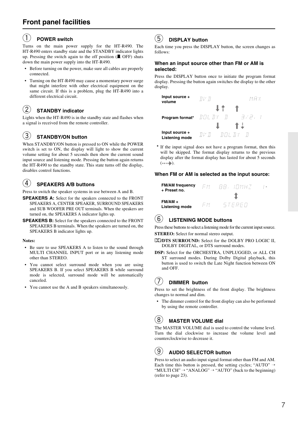 Front panel facilities | Onkyo HT-R490 User Manual | Page 7 / 36