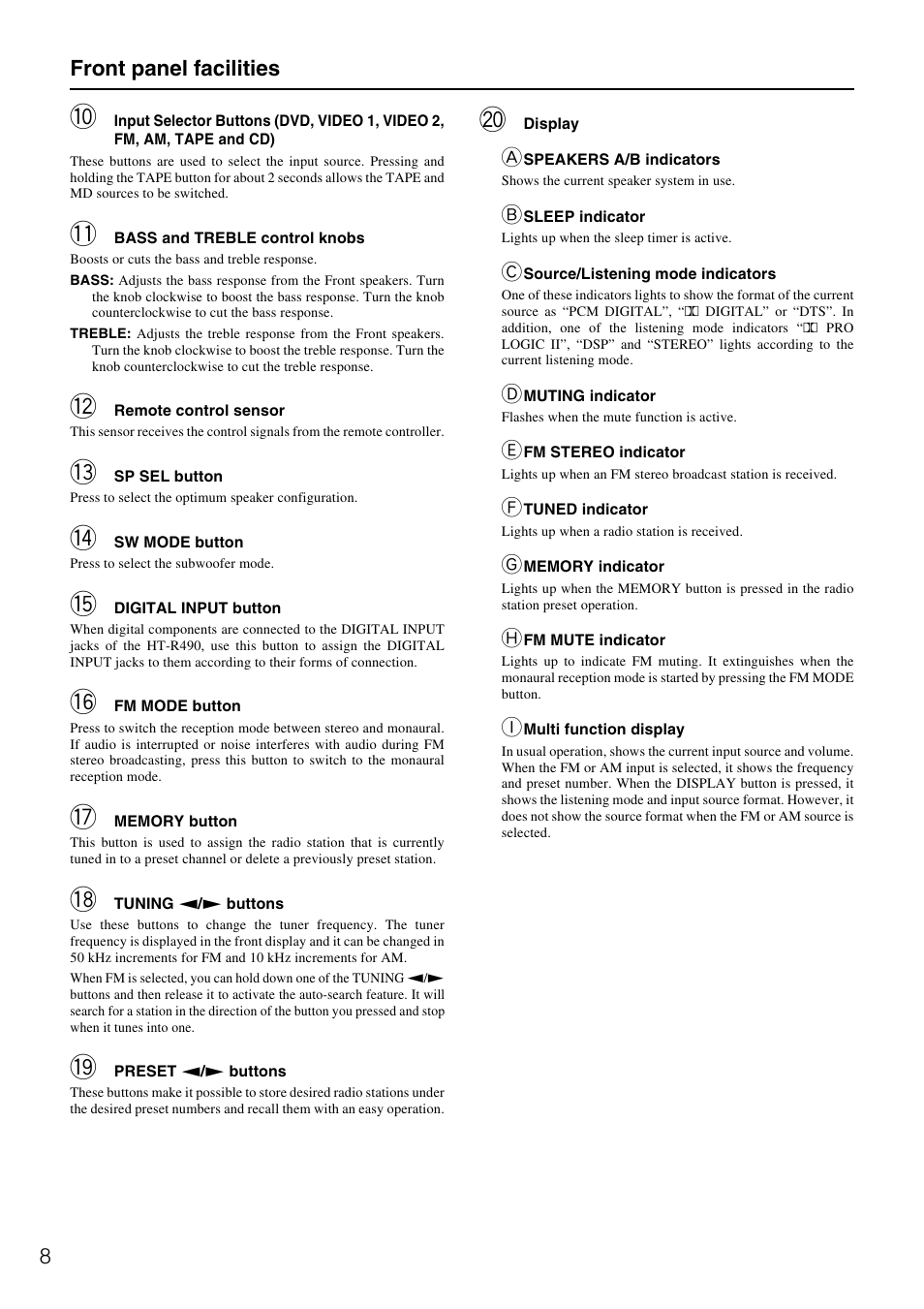 8front panel facilities | Onkyo HT-R490 User Manual | Page 8 / 36