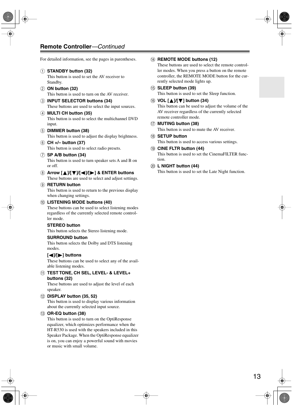 Remote controller —continued | Onkyo HT-S780 User Manual | Page 13 / 71