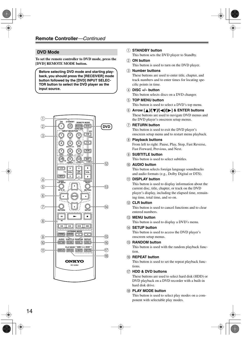 Remote controller —continued, Dvd mode, On p j k | Onkyo HT-S780 User Manual | Page 14 / 71