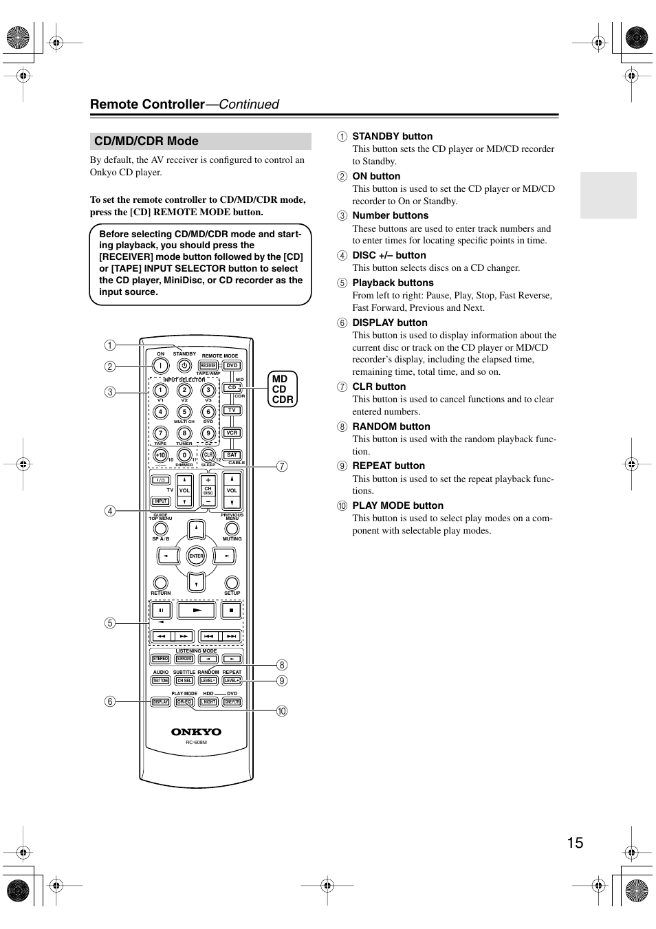 Remote controller —continued, Cd/md/cdr mode, Bg f e 8 c d a | Onkyo HT-S780 User Manual | Page 15 / 71