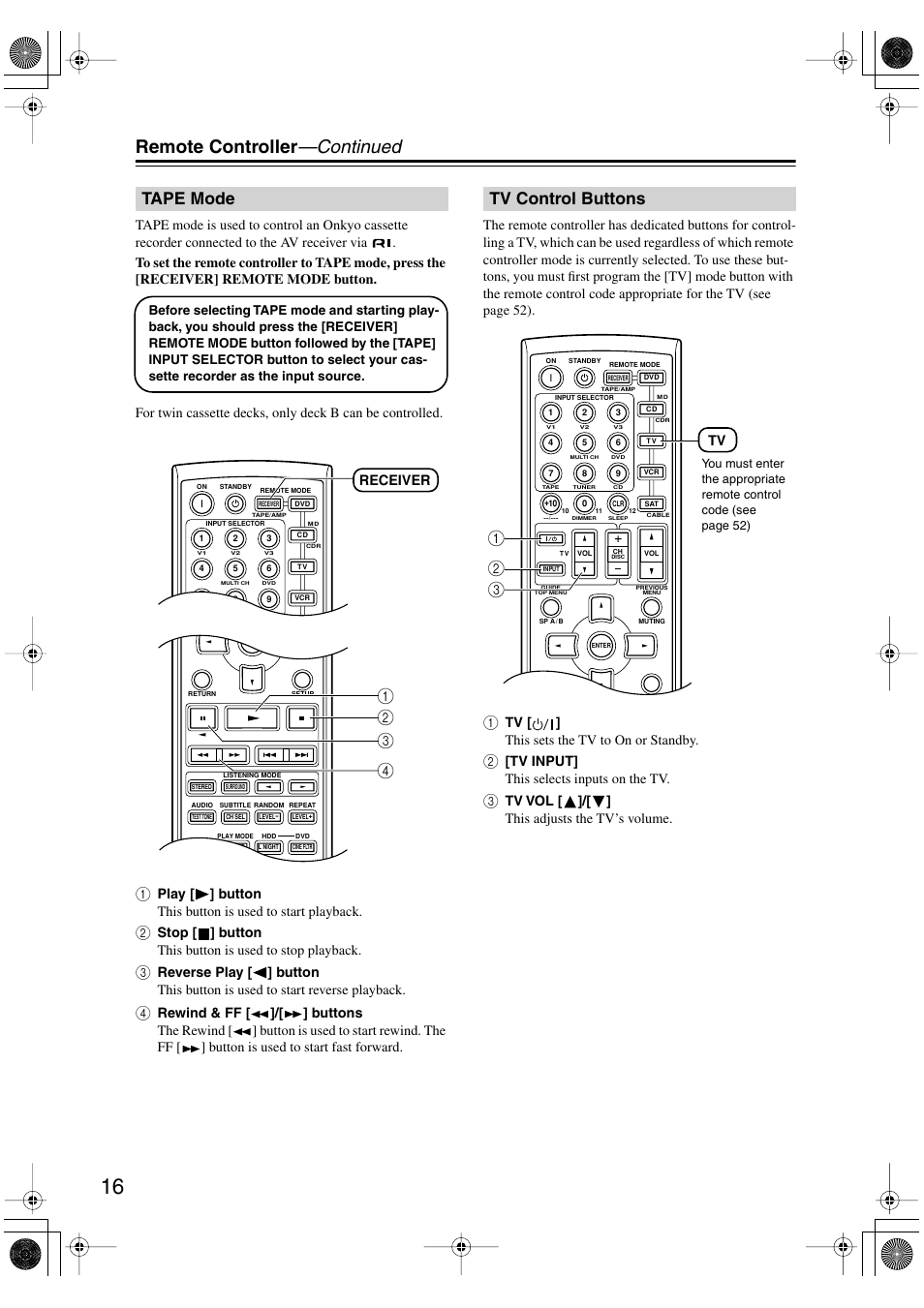 Remote controller —continued, Tape mode, Tv [ ] this sets the tv to on or standby | Tv input] this selects inputs on the tv, Tv vol [ ]/[ ] this adjusts the tv’s volume, Receiver | Onkyo HT-S780 User Manual | Page 16 / 71