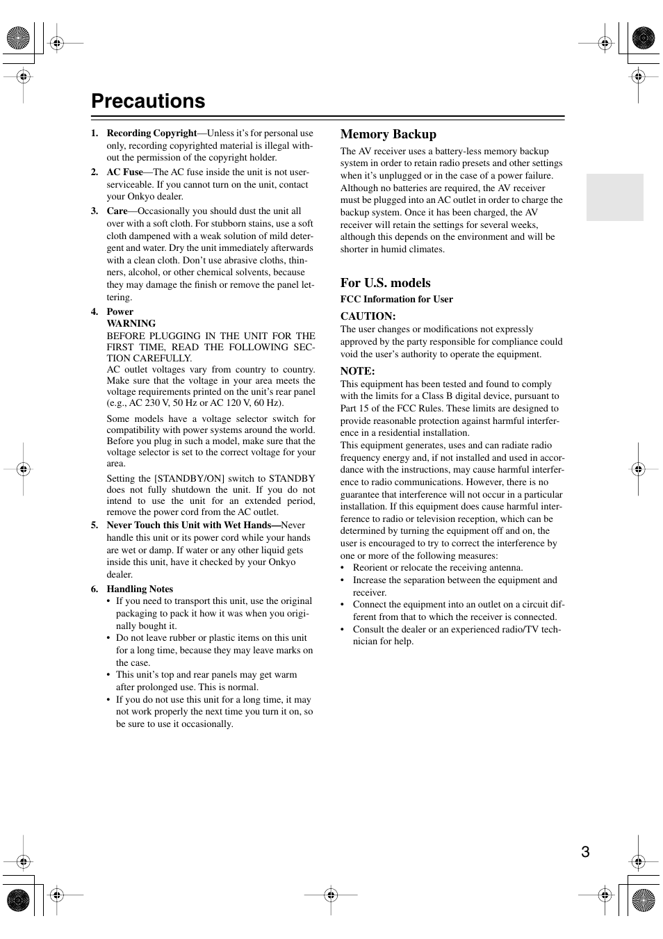 Precautions, For u.s. models | Onkyo HT-S780 User Manual | Page 3 / 71