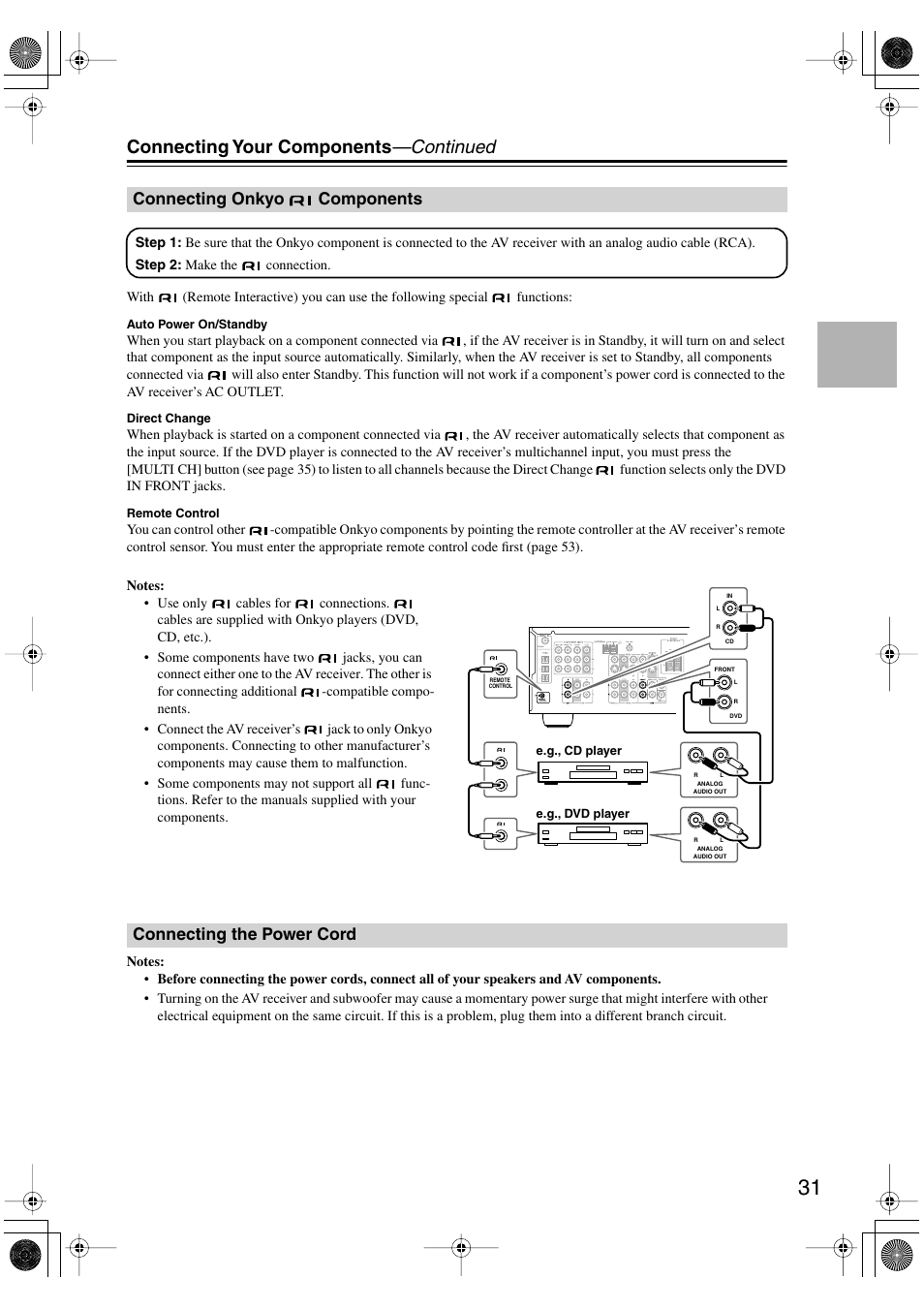 Connecting your components —continued, Connecting onkyo components, Connecting the power cord | Onkyo HT-S780 User Manual | Page 31 / 71