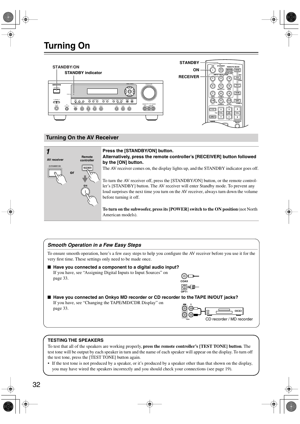 Turning on, Turning on the av receiver, Smooth operation in a few easy steps | Standby/on, On receiver standby standby indicator, Cd recorder / md recorder | Onkyo HT-S780 User Manual | Page 32 / 71