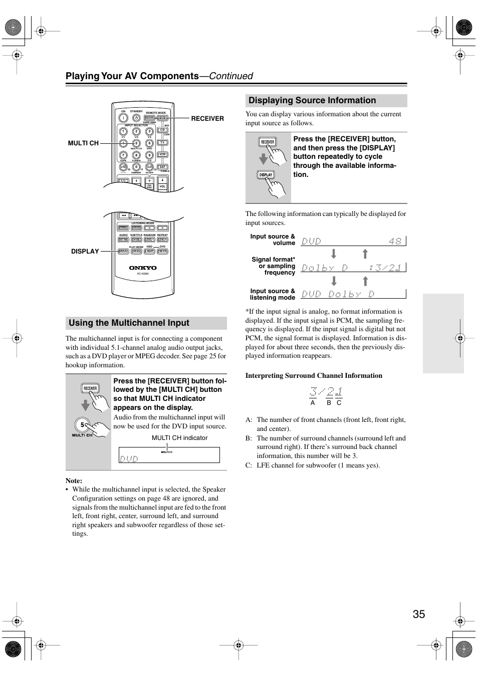 Playing your av components —continued, Using the multichannel input, Displaying source information | Onkyo HT-S780 User Manual | Page 35 / 71