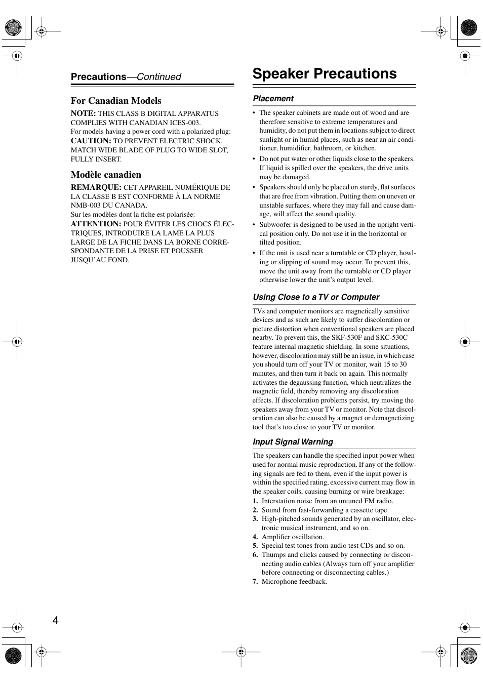 Speaker precautions, Precautions —continued for canadian models, Modèle canadien | Onkyo HT-S780 User Manual | Page 4 / 71