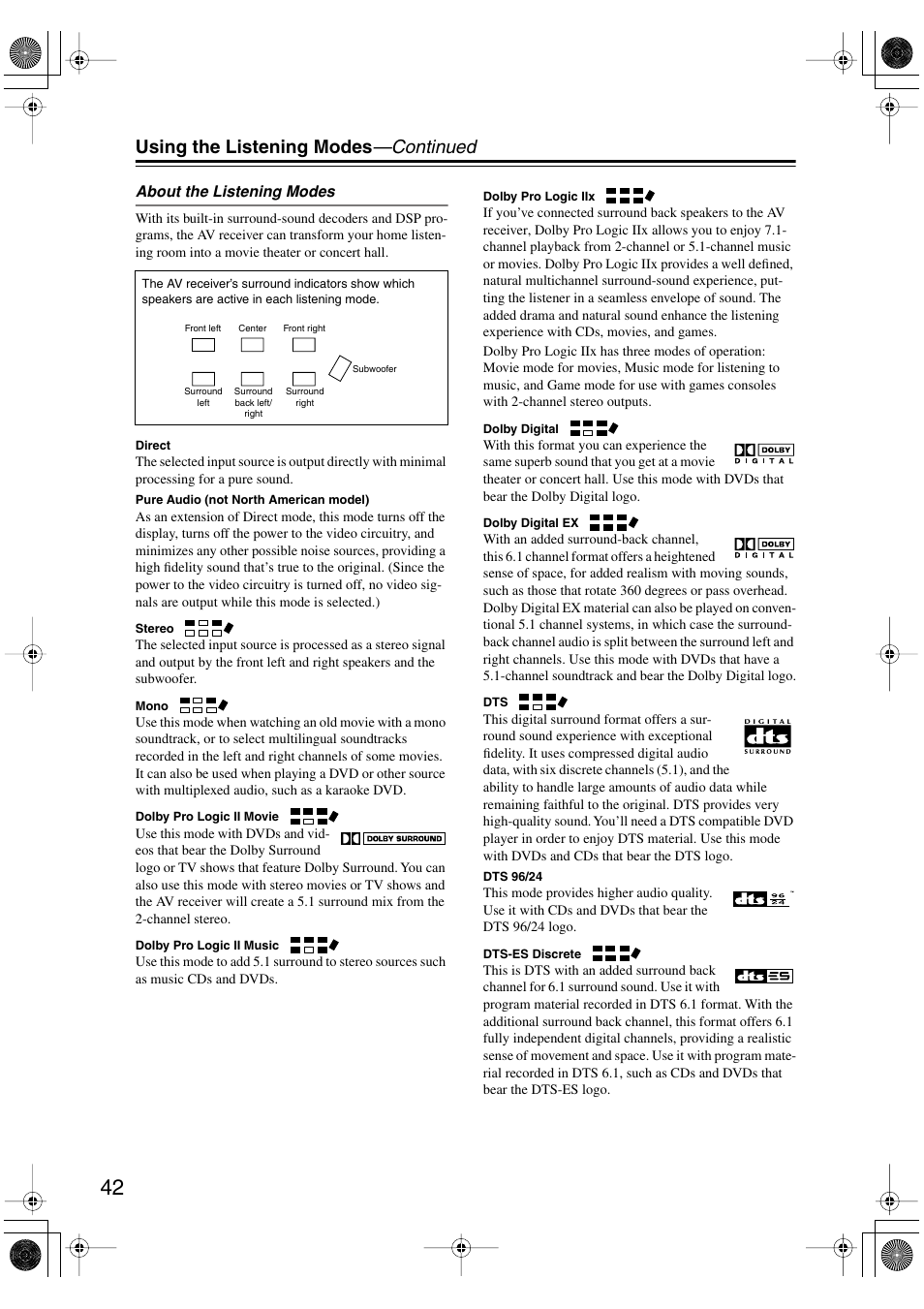 Using the listening modes —continued | Onkyo HT-S780 User Manual | Page 42 / 71