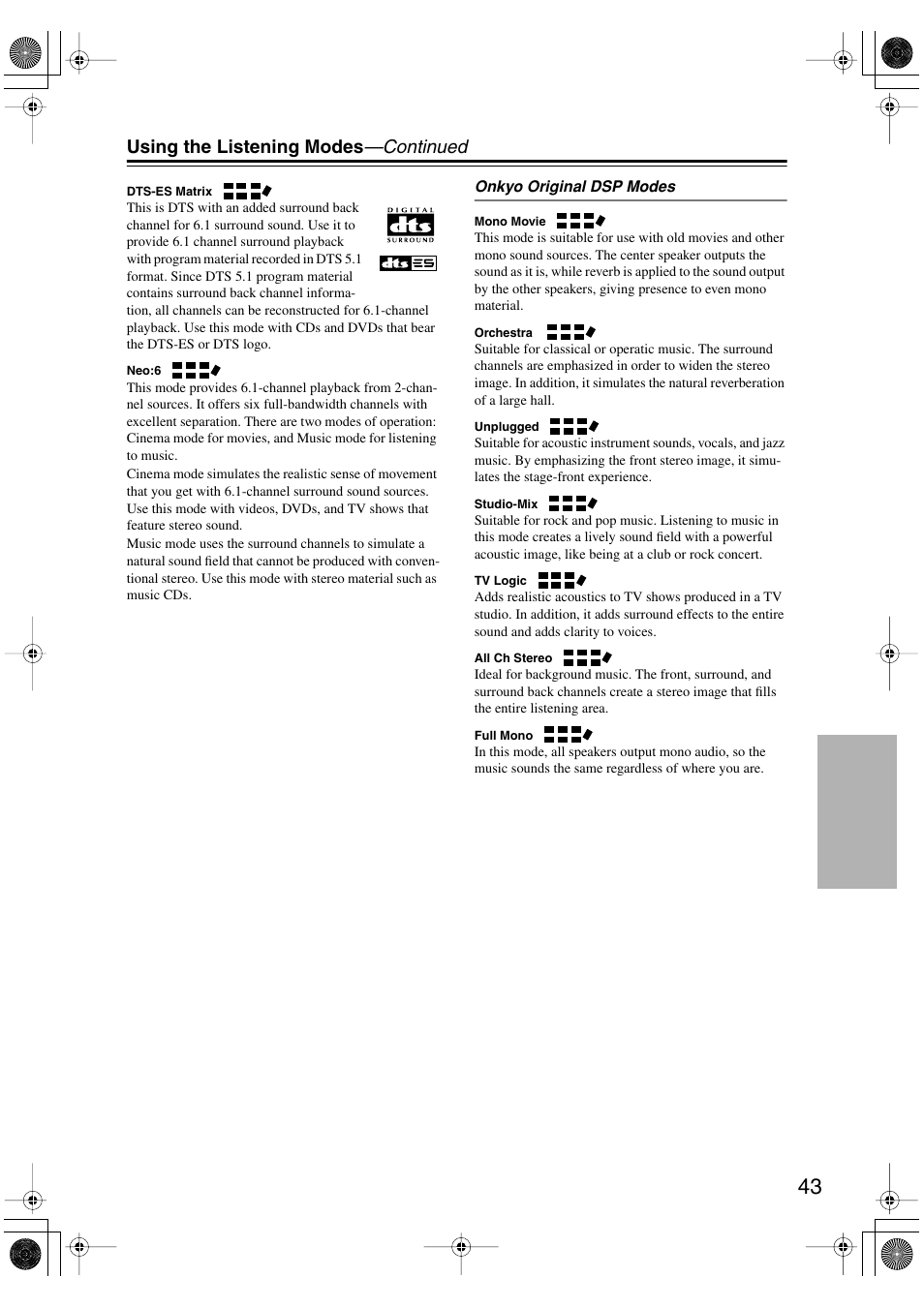 Using the listening modes —continued | Onkyo HT-S780 User Manual | Page 43 / 71