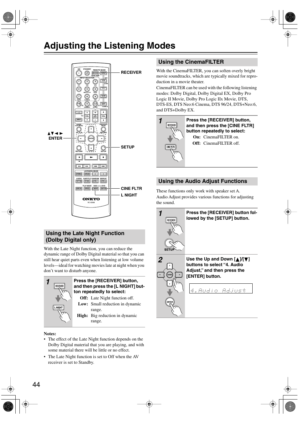 Adjusting the listening modes, Using the late night function (dolby digital only), Using the cinemafilter | Using the audio adjust functions | Onkyo HT-S780 User Manual | Page 44 / 71