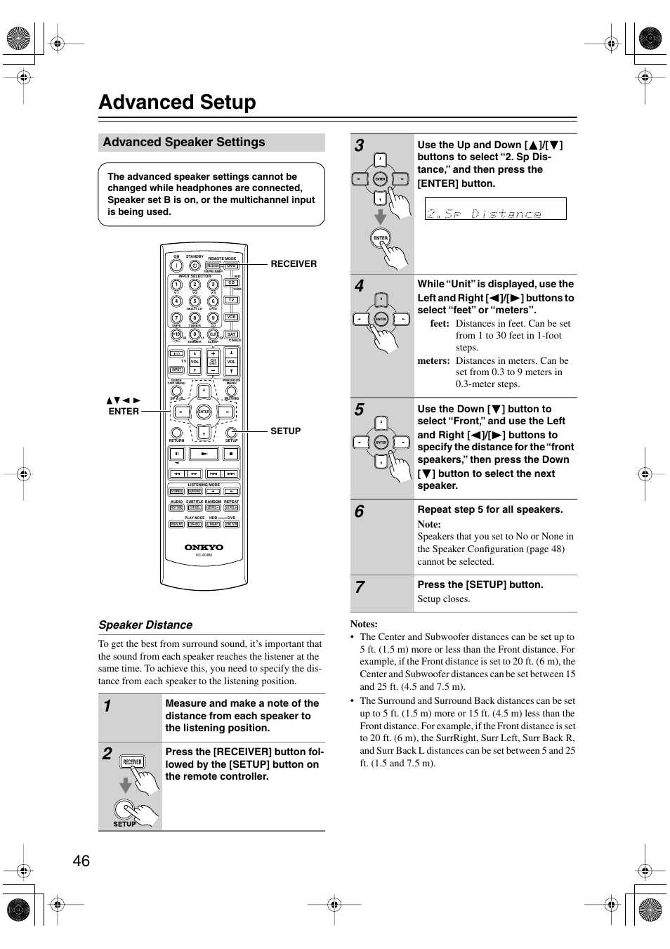 Advanced setup, Advanced speaker settings, Speaker distance | Onkyo HT-S780 User Manual | Page 46 / 71