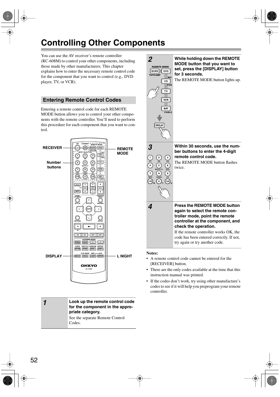 Controlling other components, Entering remote control codes | Onkyo HT-S780 User Manual | Page 52 / 71