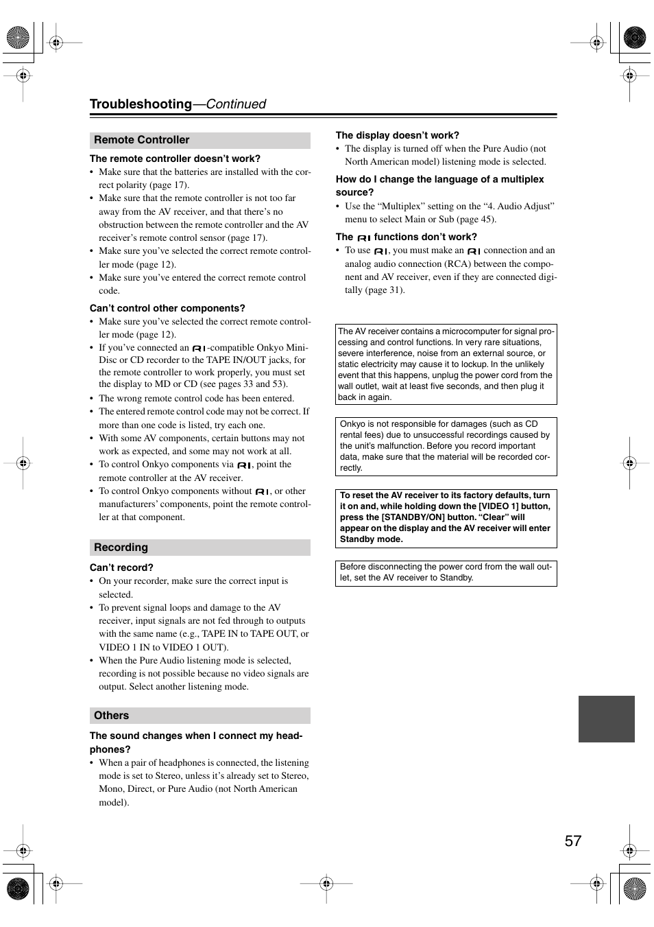 Troubleshooting —continued | Onkyo HT-S780 User Manual | Page 57 / 71