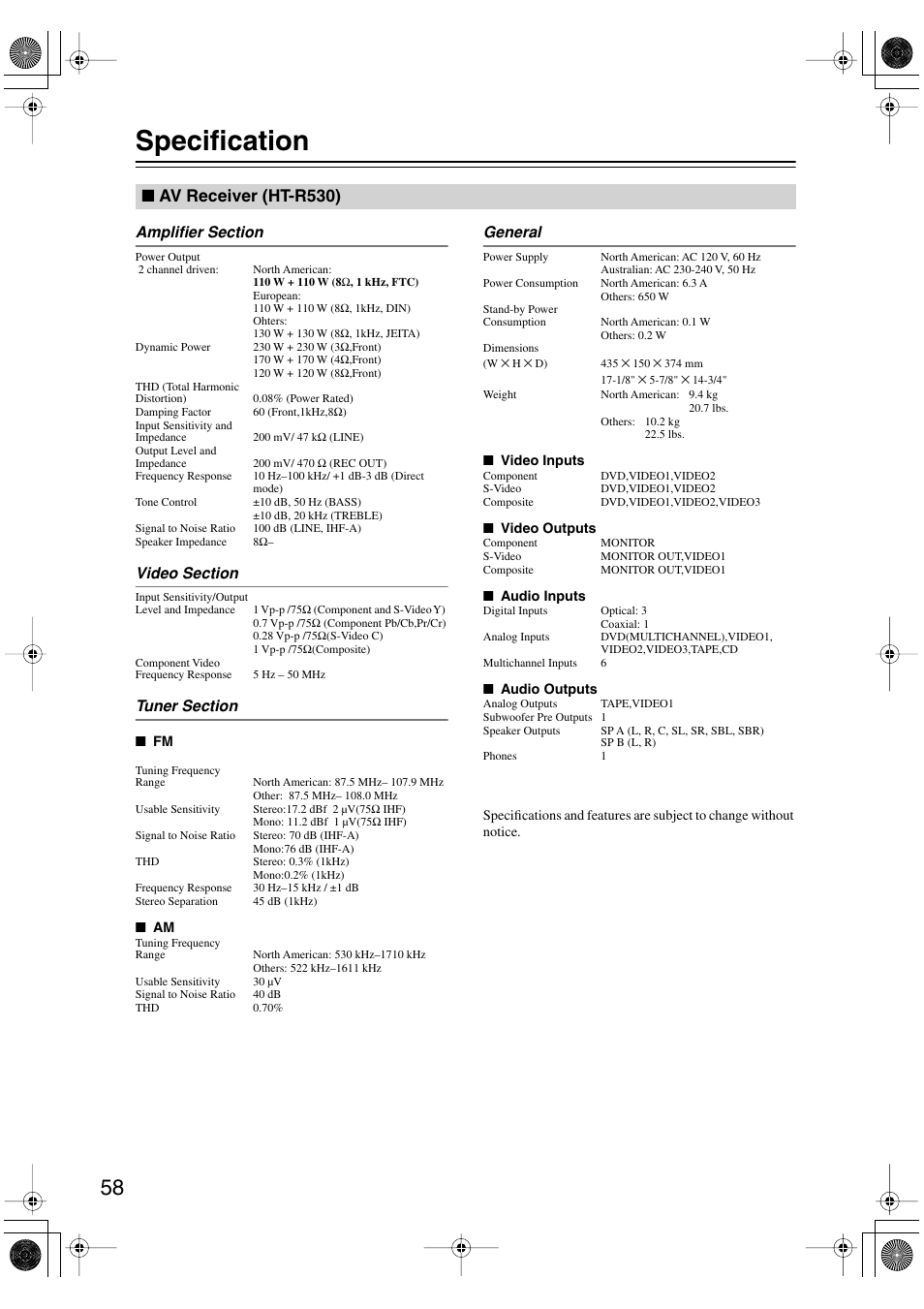 Specification, Av receiver (ht-r530) | Onkyo HT-S780 User Manual | Page 58 / 71